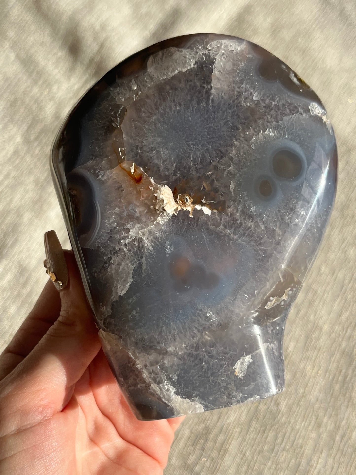 Nebula Agate, Blue Chalcedony and Scenic Moss Standing Freeform J