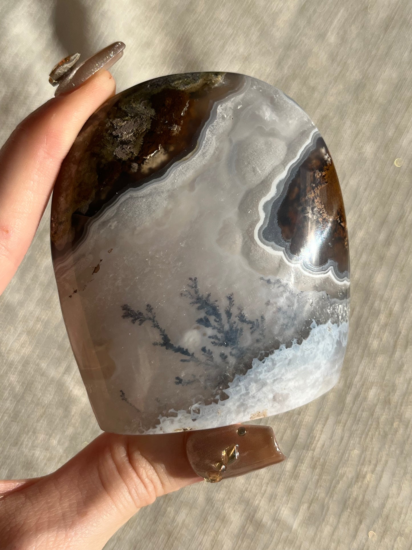 Nebula Agate and Scenic Moss Standing Freeform with Dendritic Inclusions K