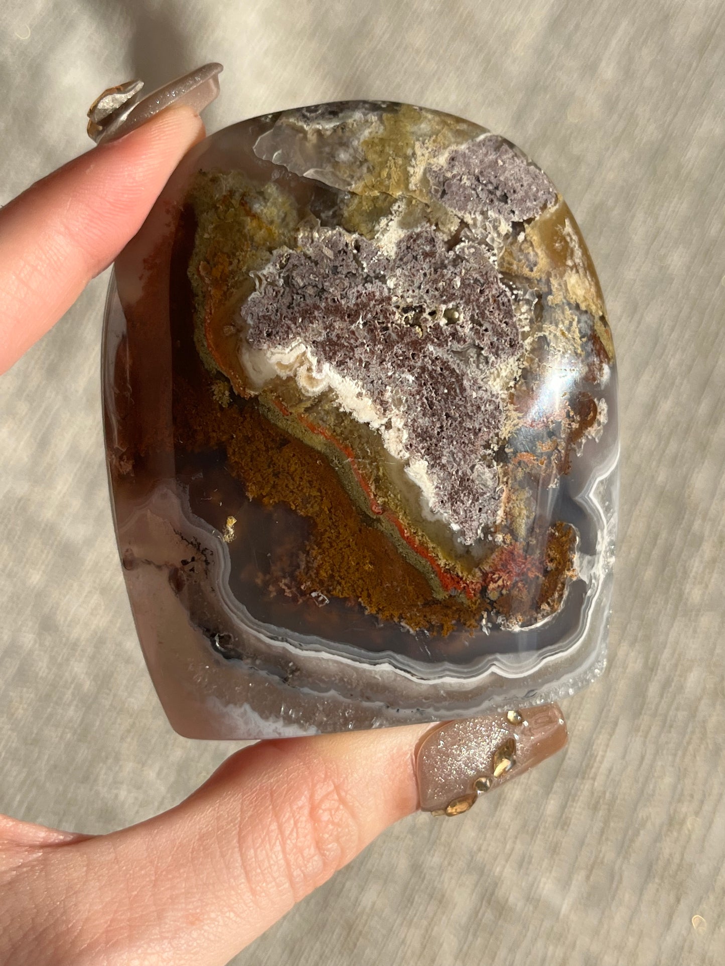 Nebula Agate and Scenic Moss Standing Freeform with Dendritic Inclusions K