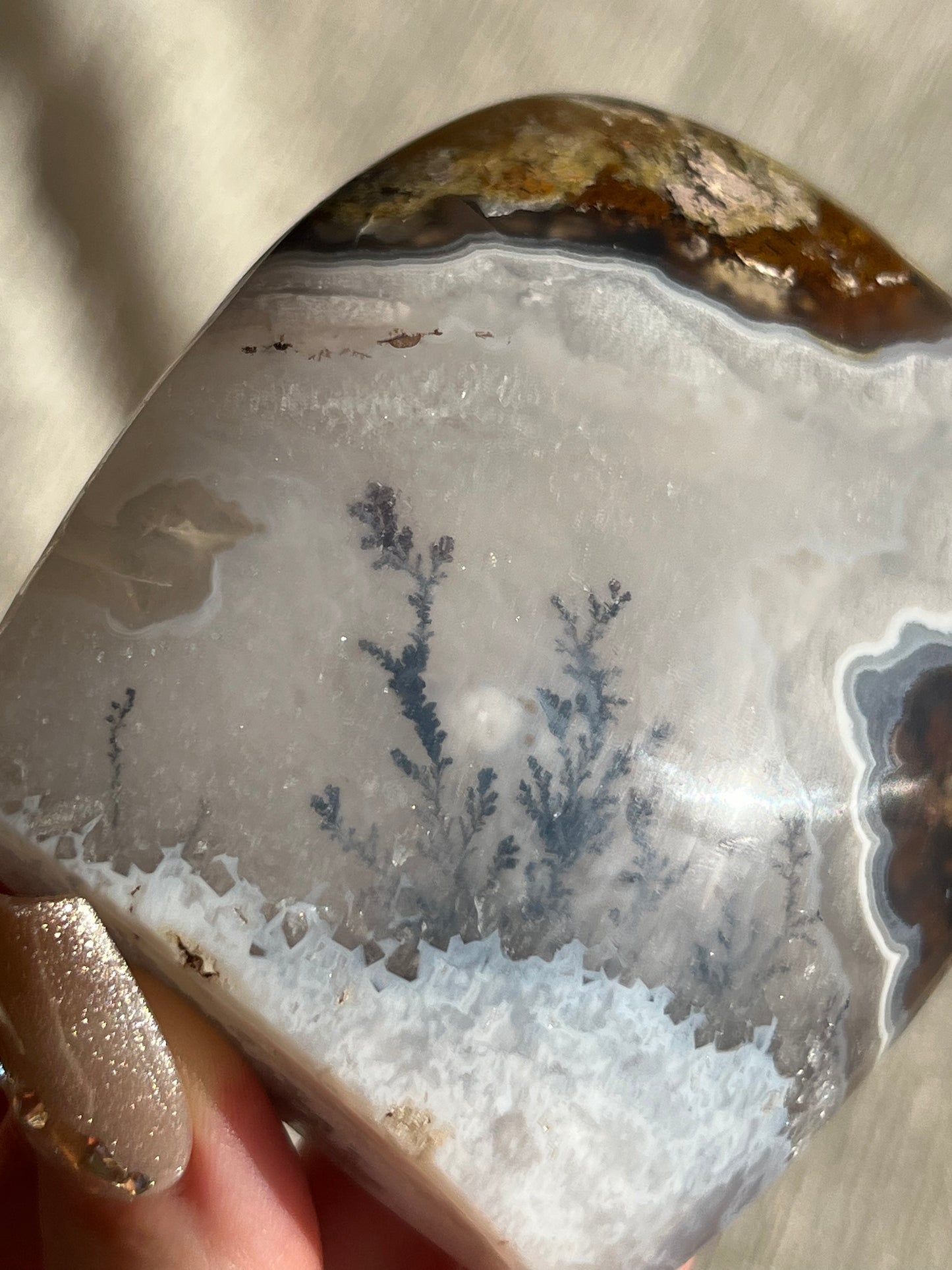 Nebula Agate and Scenic Moss Standing Freeform with Dendritic Inclusions K