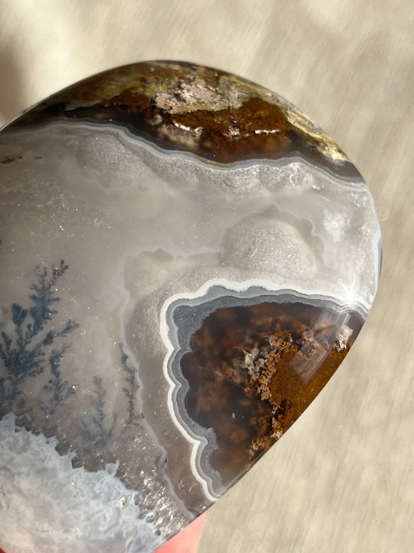 Nebula Agate and Scenic Moss Standing Freeform with Dendritic Inclusions K