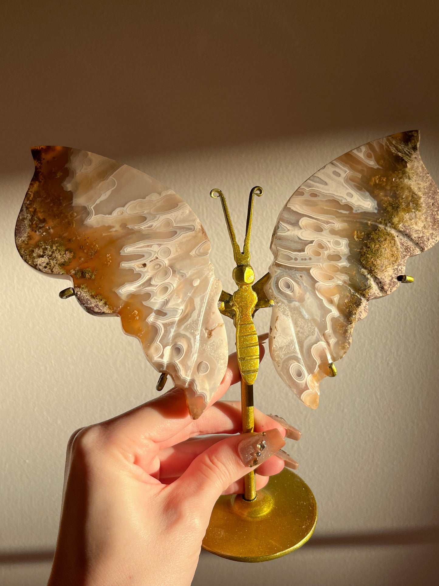 Orbicular Nebula Agate & Scenic Moss Butterfly Wings on Stand