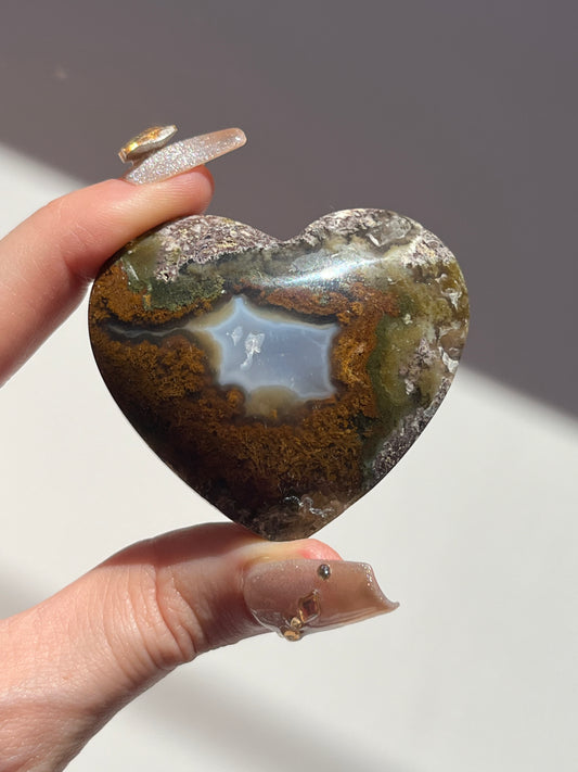 Nebula Agate with Scenic Moss Heart Carving #B