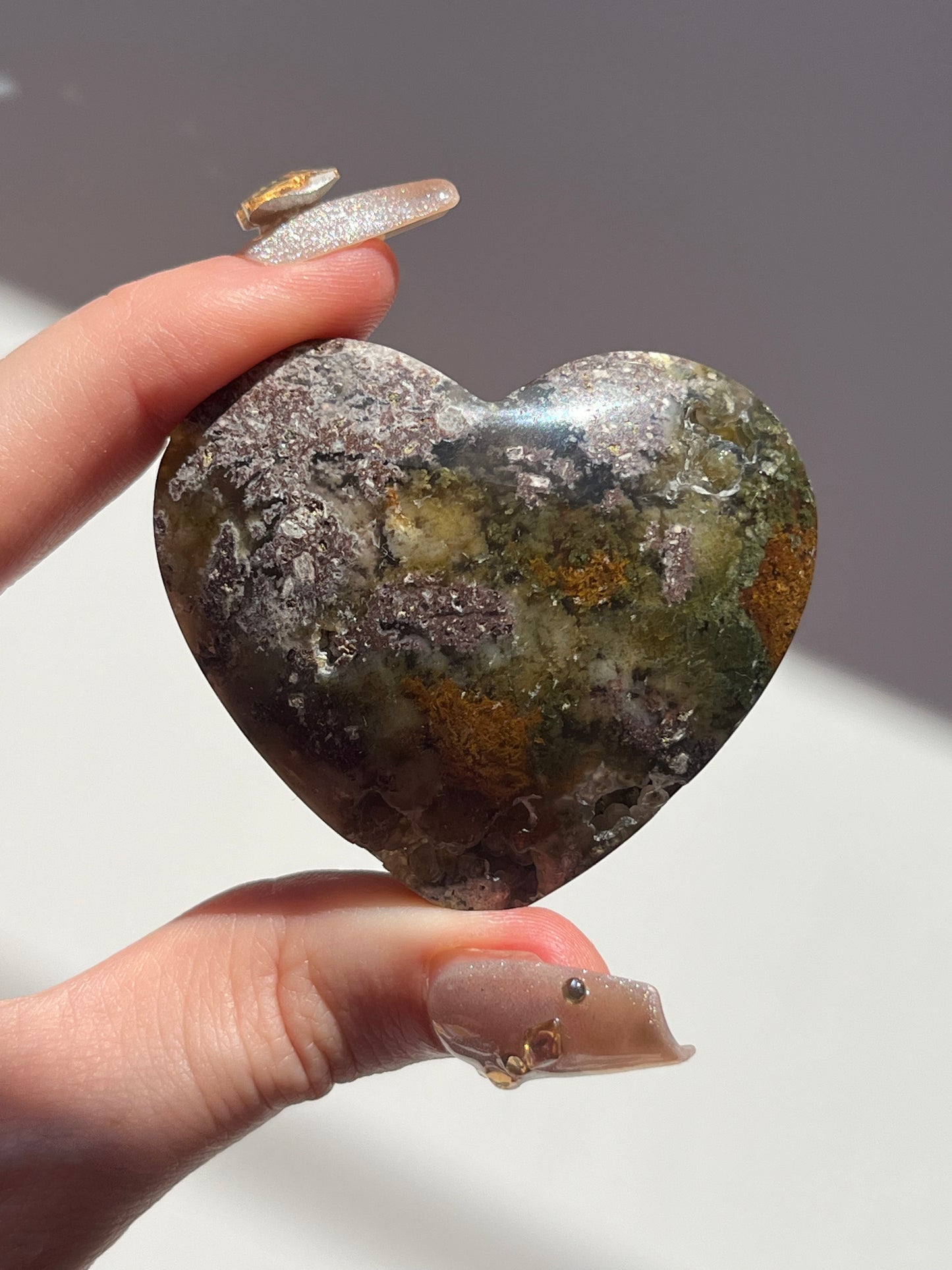 Nebula Agate with Scenic Moss Heart Carving #B