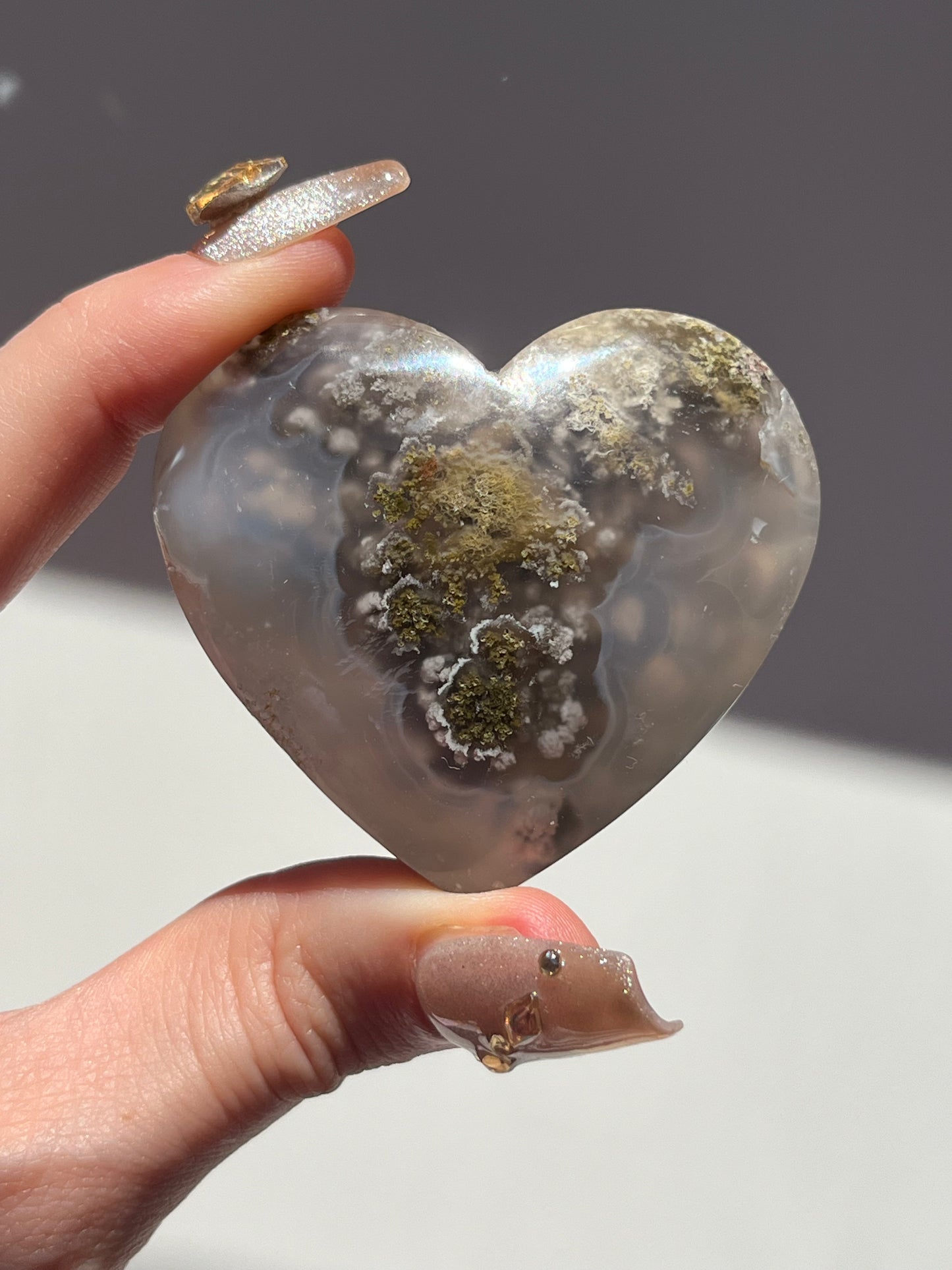 Nebula Agate with Scenic Moss Heart Carving #D