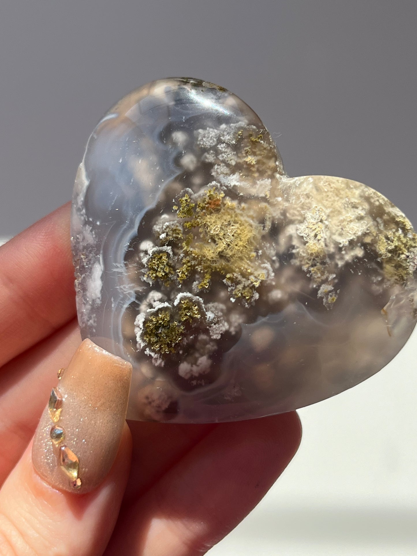 Nebula Agate with Scenic Moss Heart Carving #D