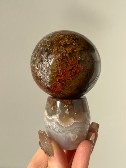 Nebula Agate with Scenic Moss Sphere on Custom Stand #A