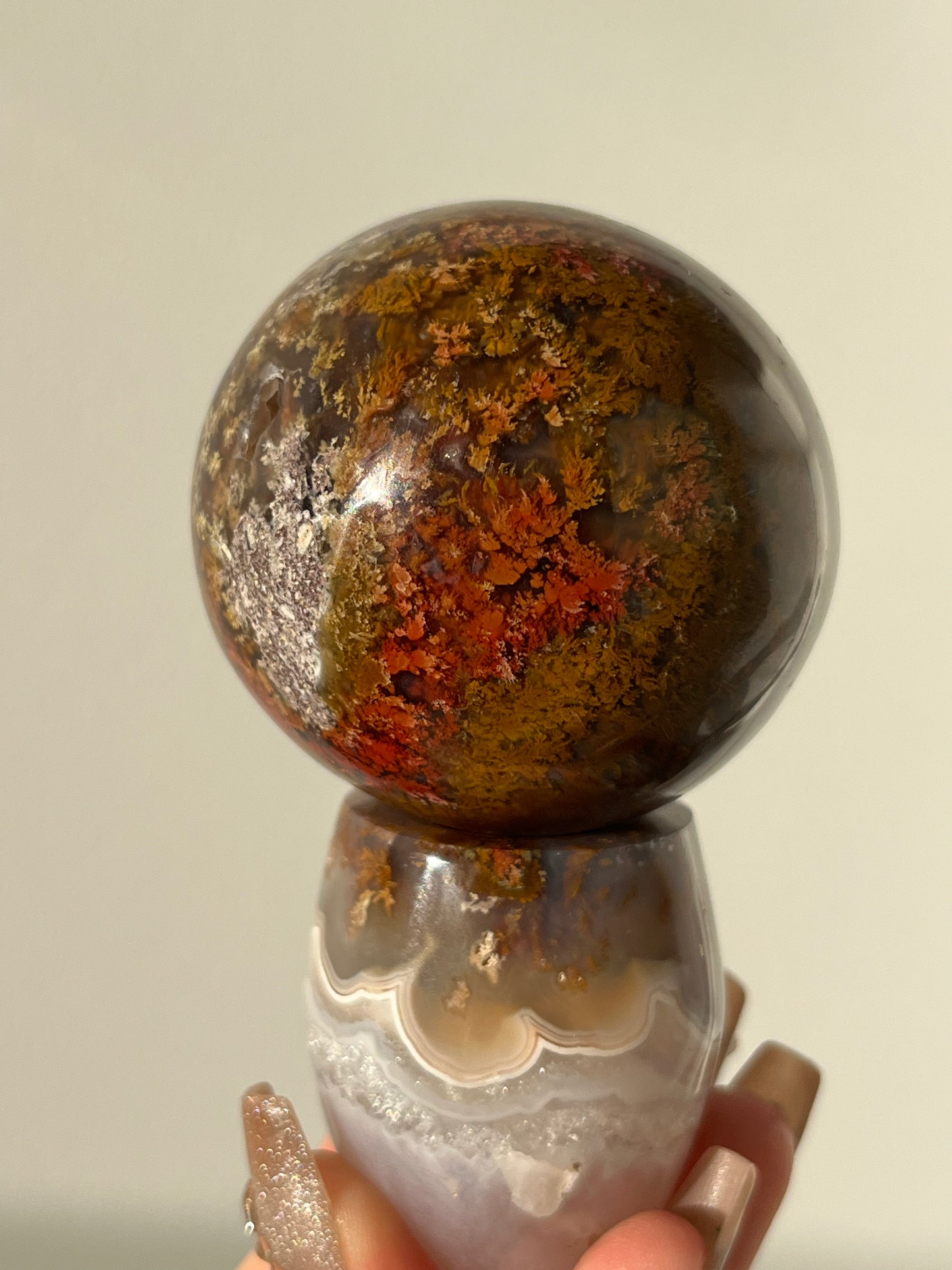 Nebula Agate with Scenic Moss Sphere on Custom Stand #A