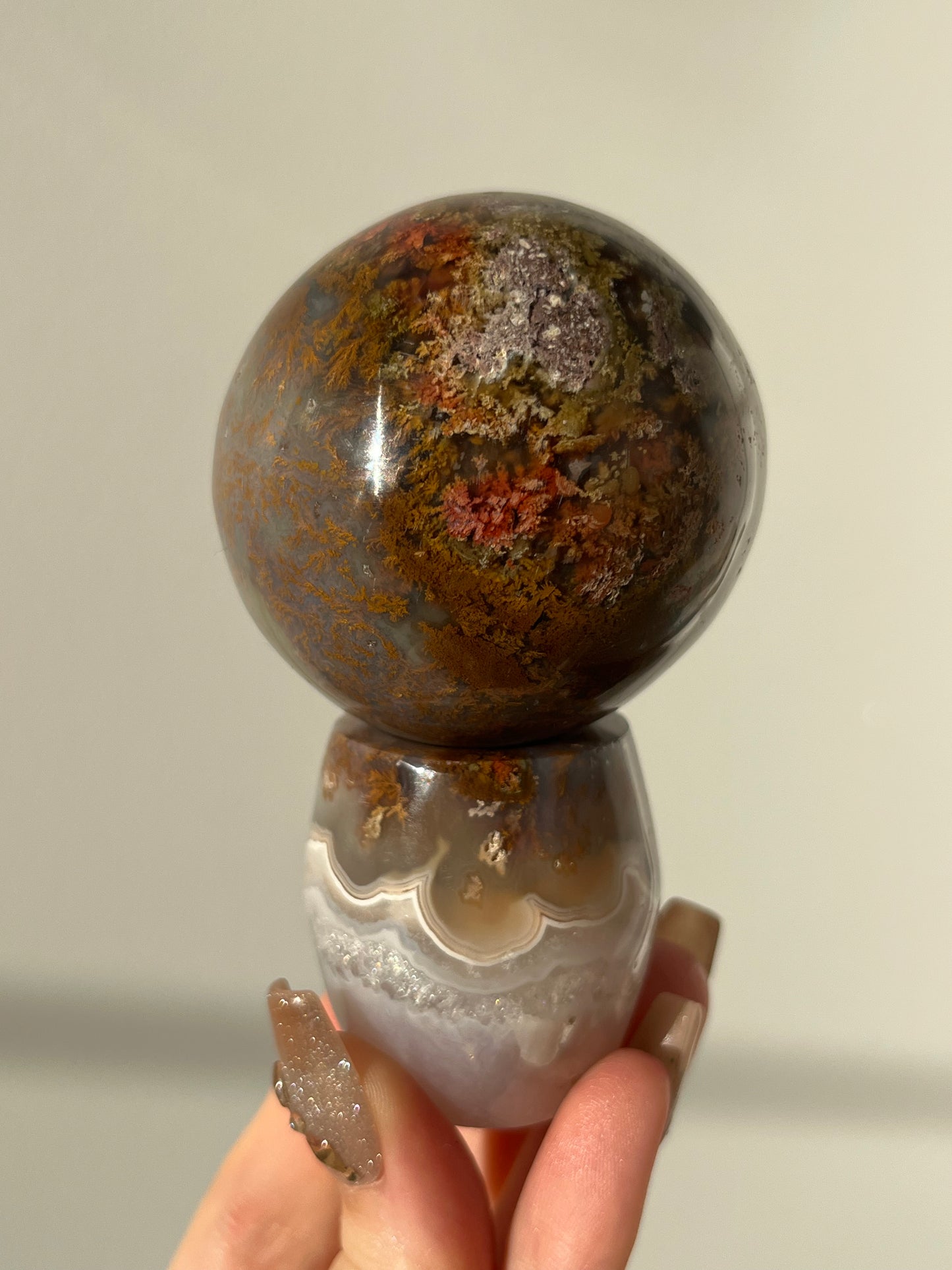 Nebula Agate with Scenic Moss Sphere on Custom Stand #A