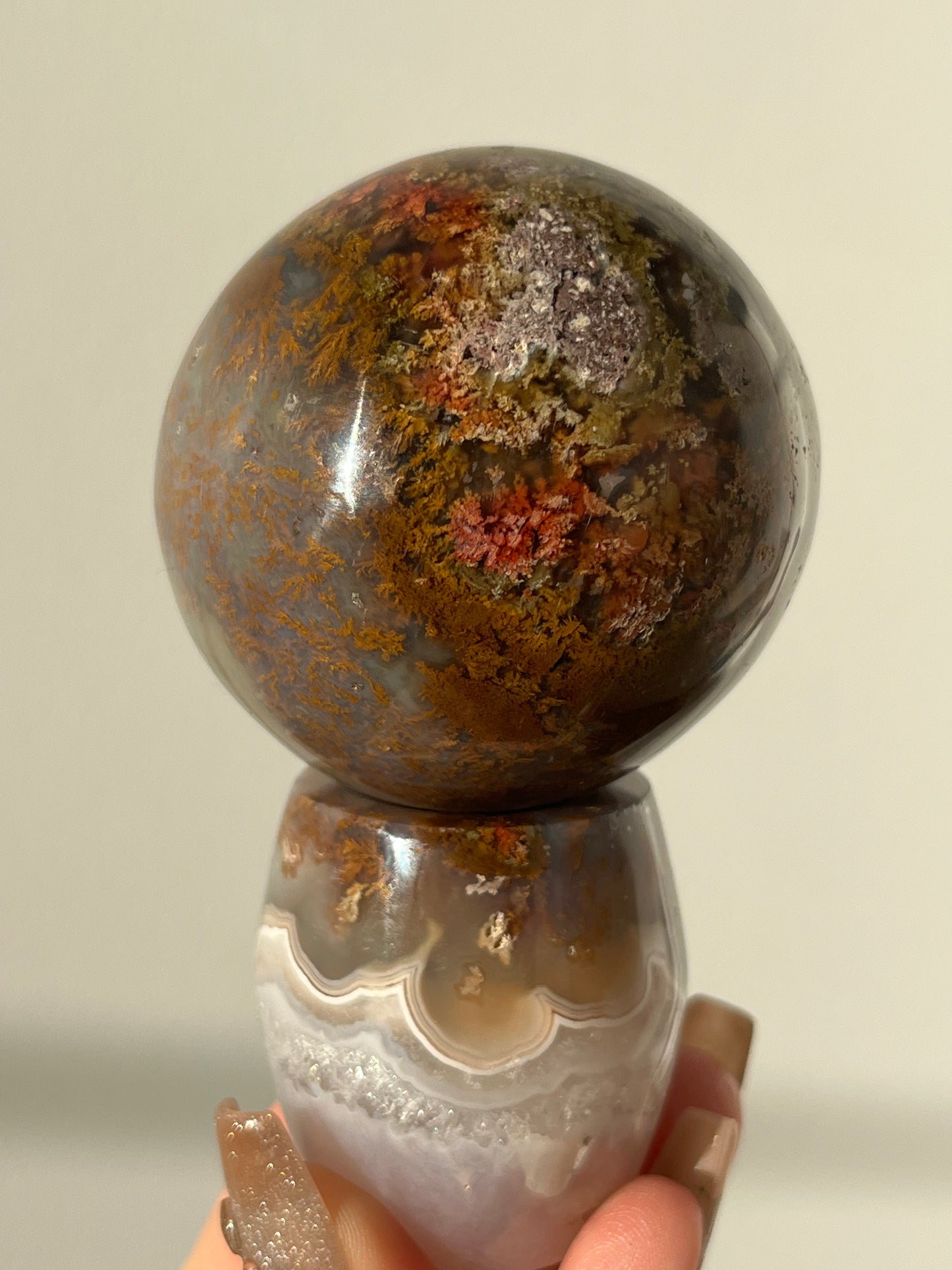 Nebula Agate with Scenic Moss Sphere on Custom Stand #A