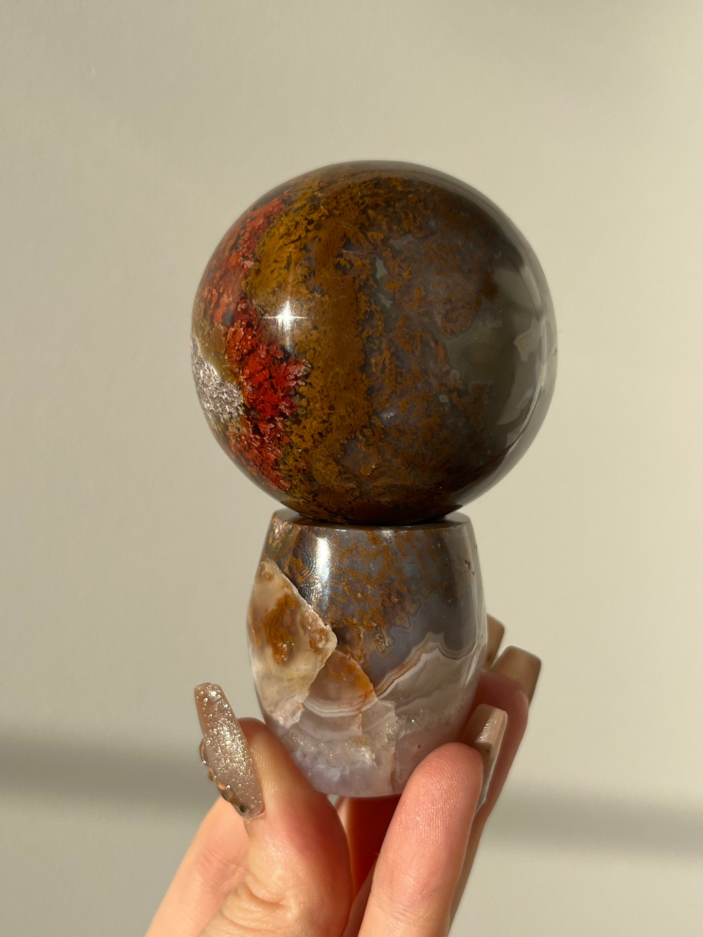 Nebula Agate with Scenic Moss Sphere on Custom Stand #A