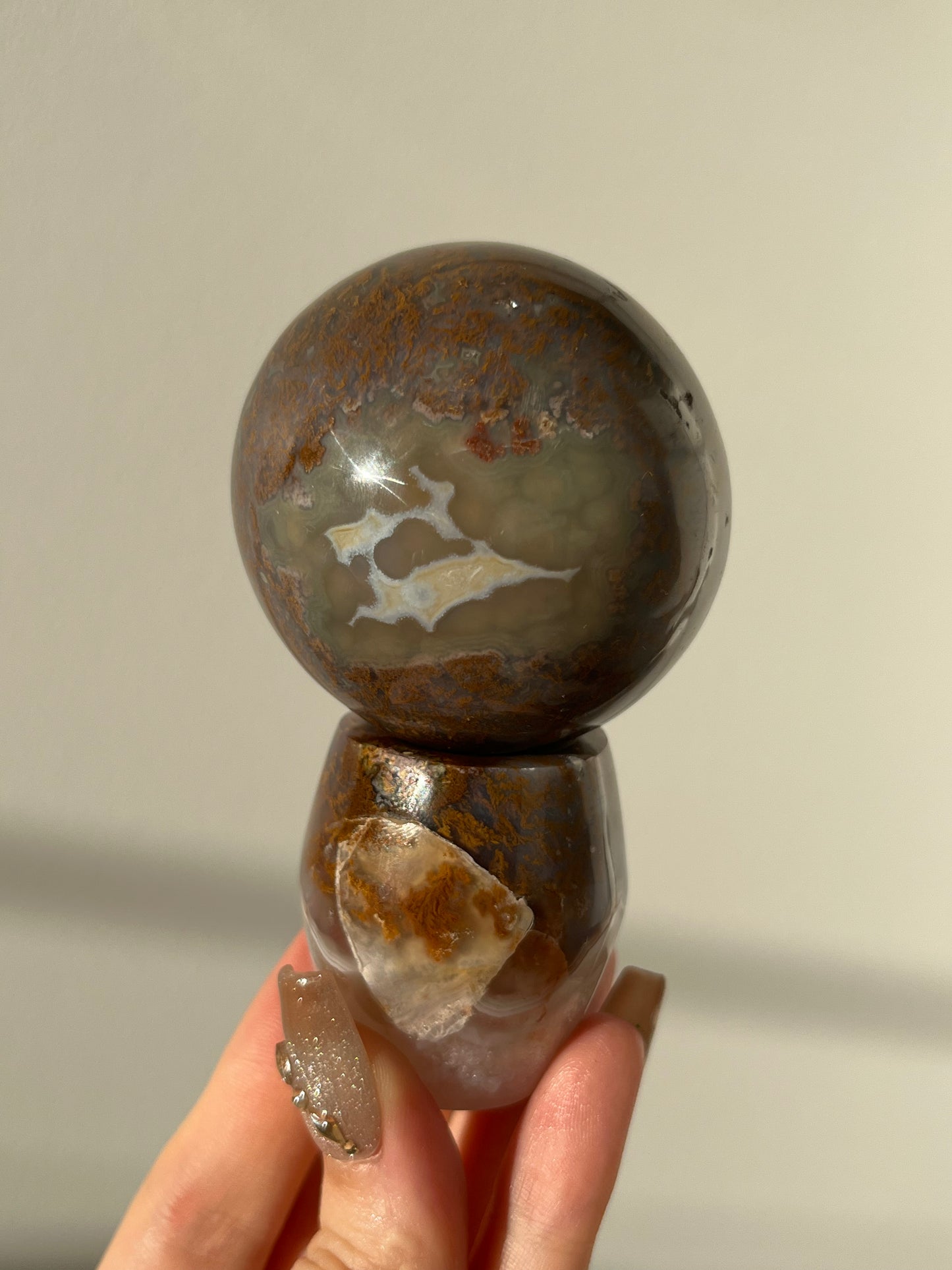 Nebula Agate with Scenic Moss Sphere on Custom Stand #A