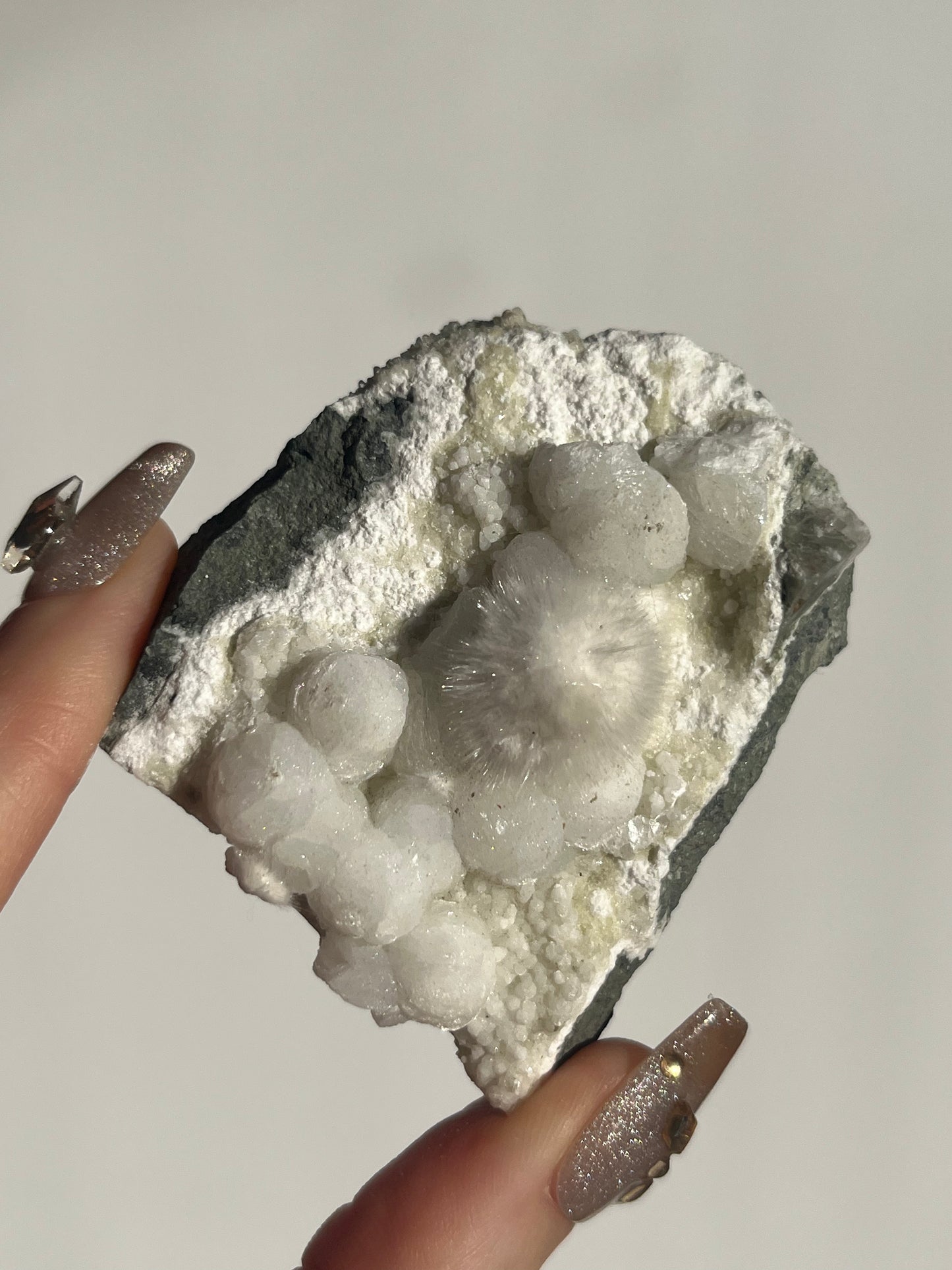 Okenite with Gyrolite on Basalt Specimen A