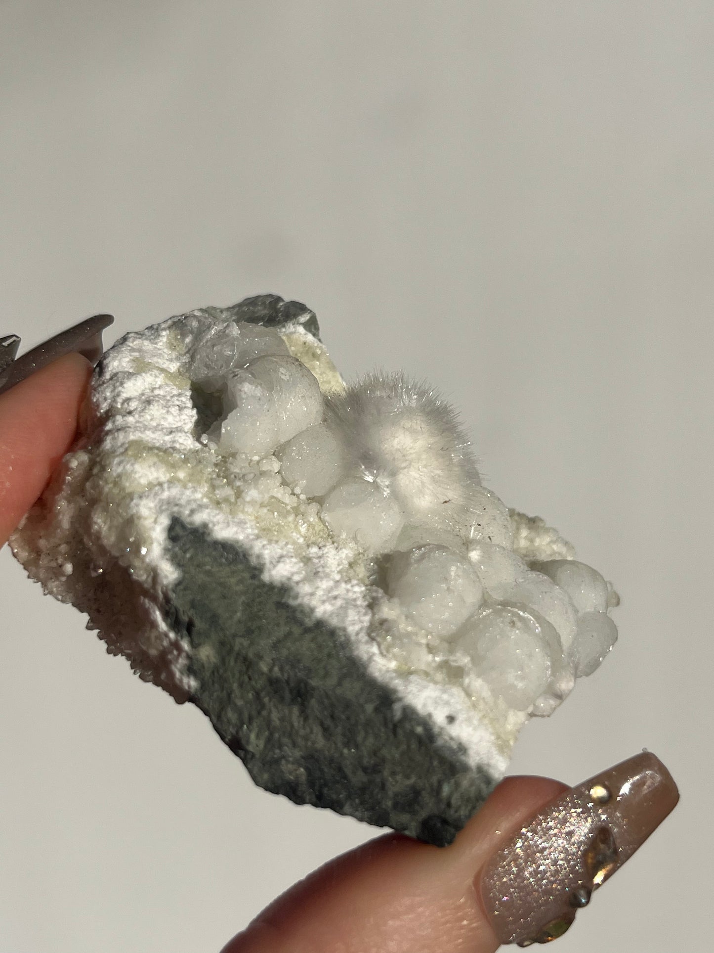 Okenite with Gyrolite on Basalt Specimen A