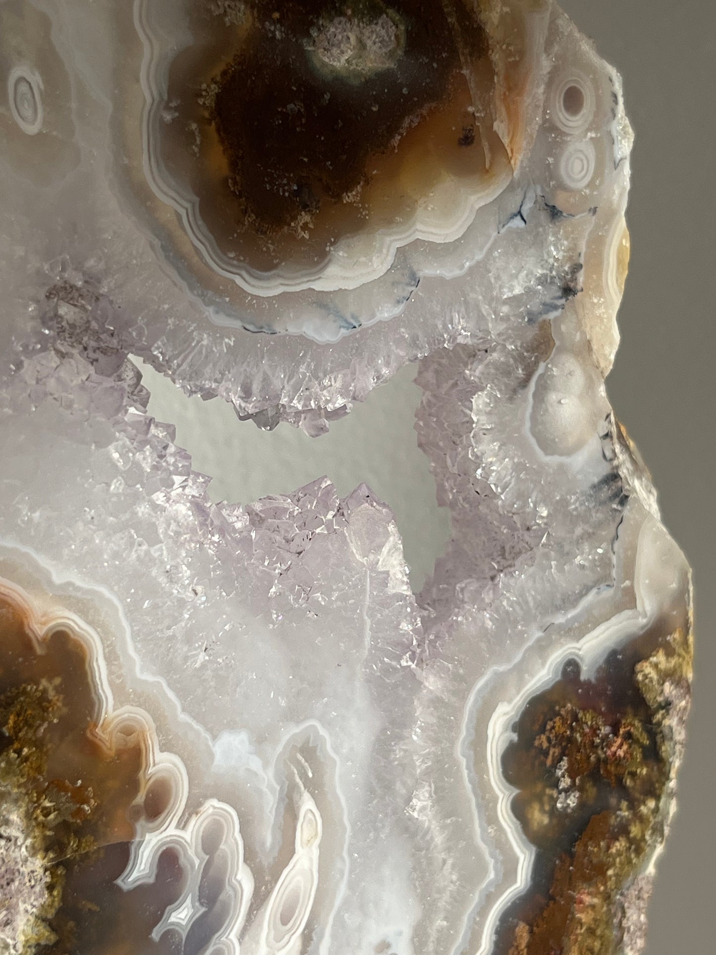 ‘Lunara’ Orbicular Nebula Agate, Scenic Moss and Amethyst Portal with Dendritic Inclusions on Rotating Custom Gold Stand