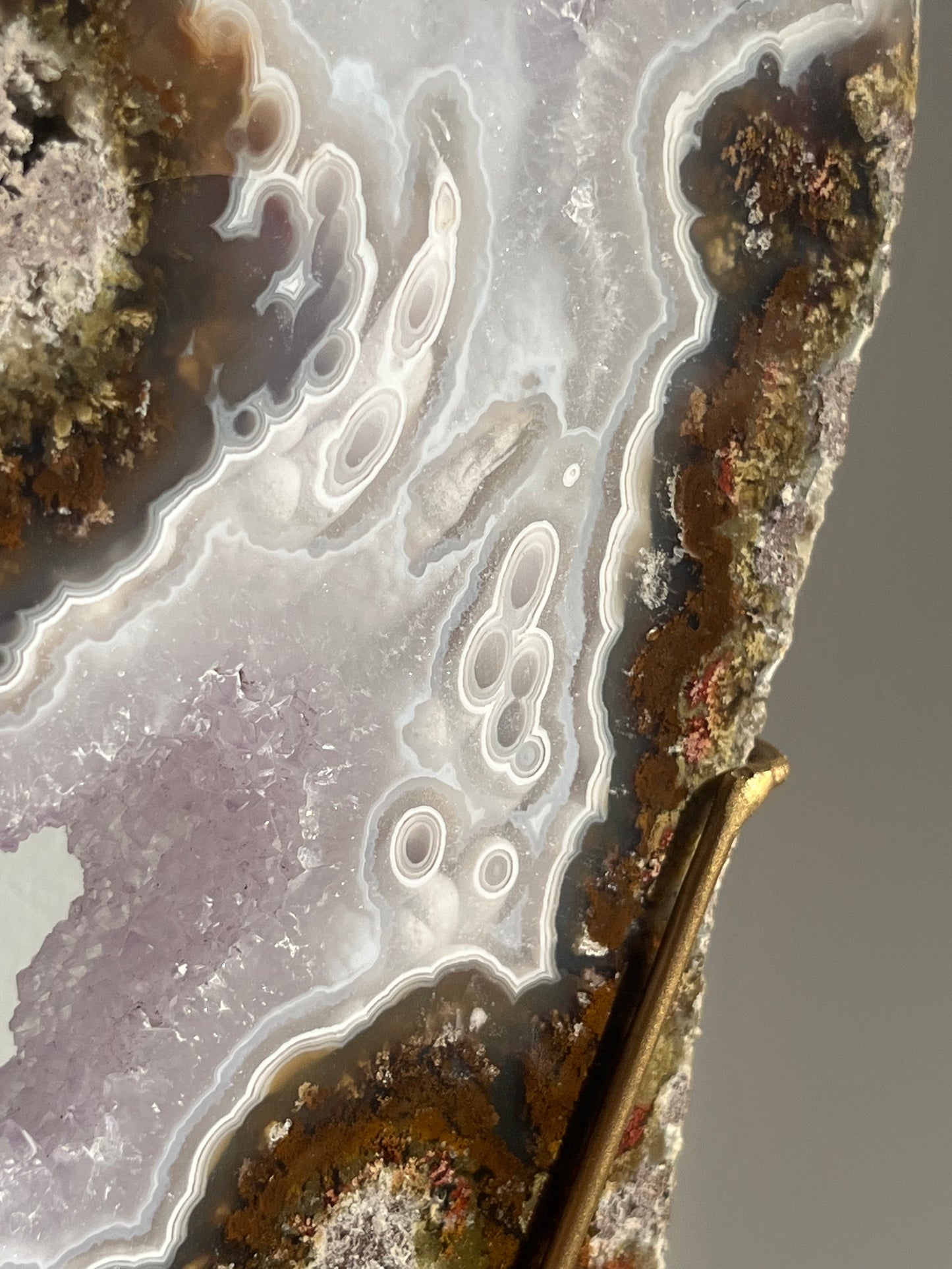 ‘Lunara’ Orbicular Nebula Agate, Scenic Moss and Amethyst Portal with Dendritic Inclusions on Rotating Custom Gold Stand