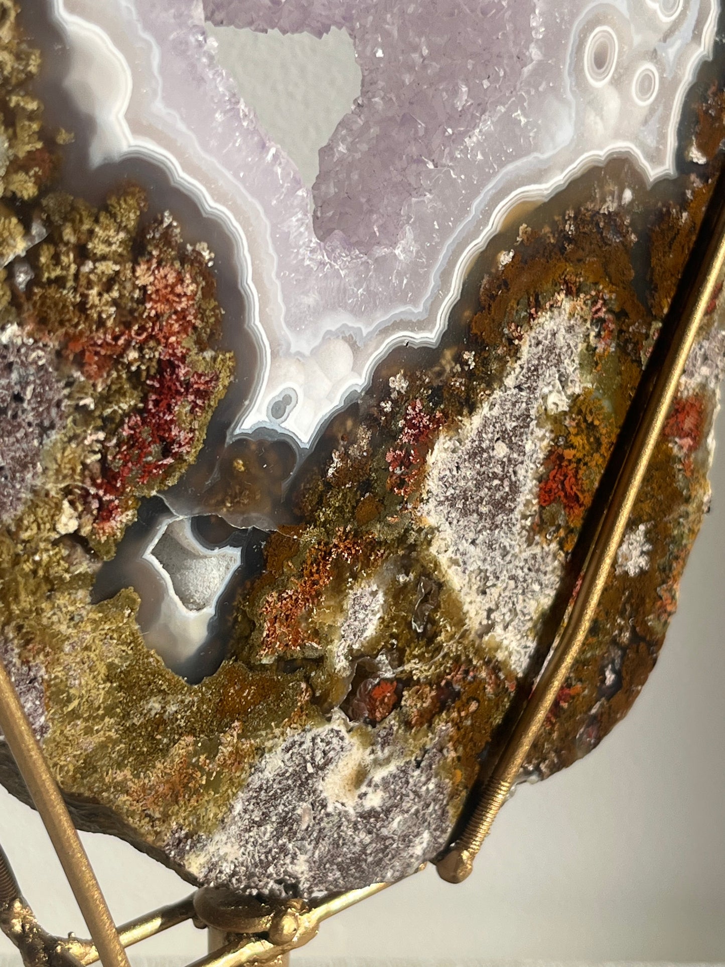 ‘Lunara’ Orbicular Nebula Agate, Scenic Moss and Amethyst Portal with Dendritic Inclusions on Rotating Custom Gold Stand