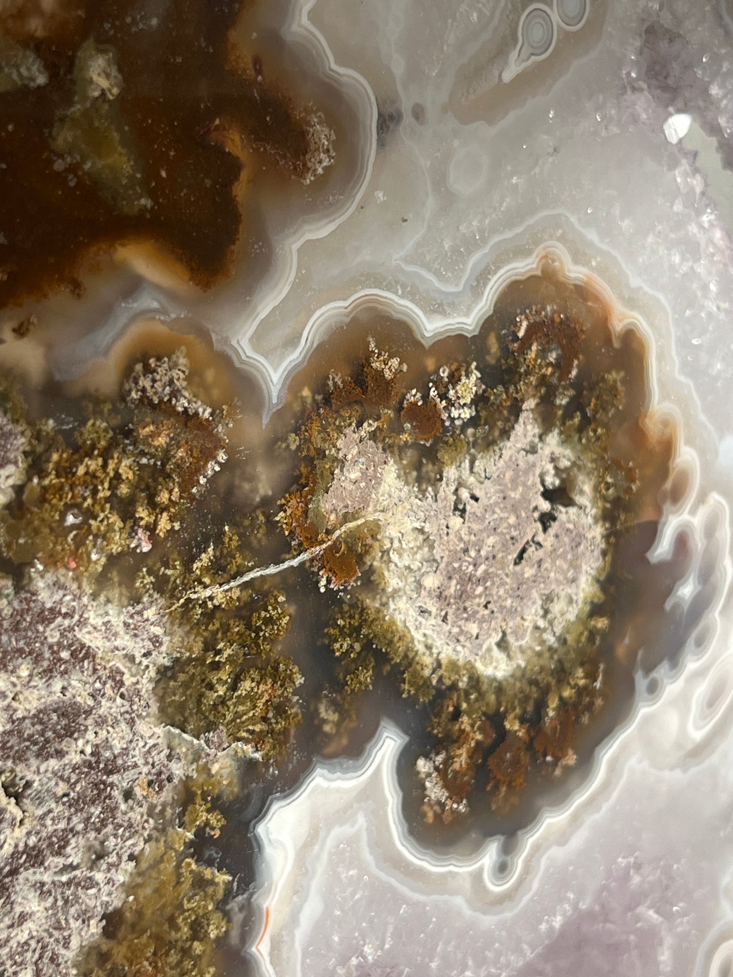 ‘Lunara’ Orbicular Nebula Agate, Scenic Moss and Amethyst Portal with Dendritic Inclusions on Rotating Custom Gold Stand