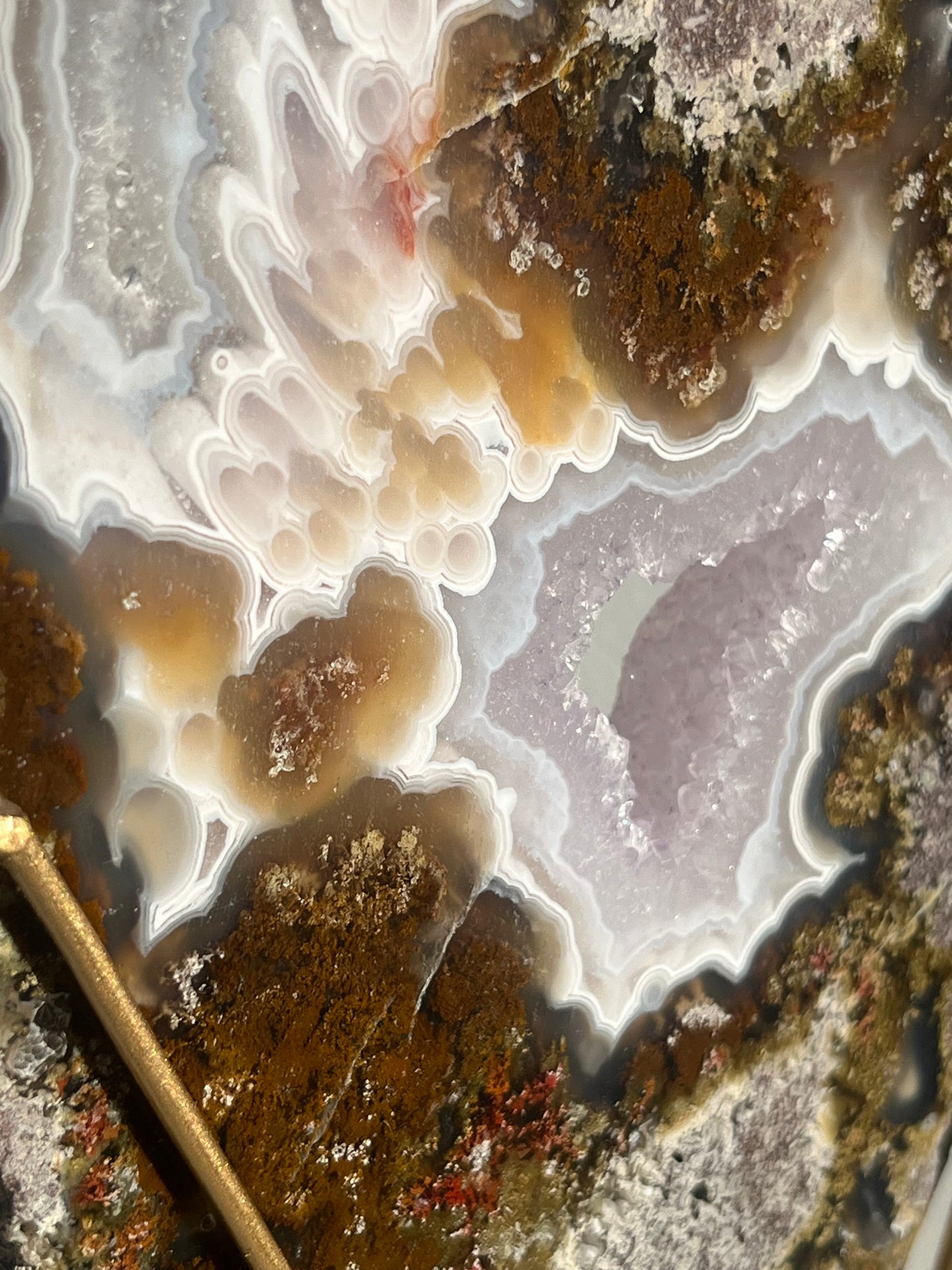 ‘Lunara’ Orbicular Nebula Agate, Scenic Moss and Amethyst Portal with Dendritic Inclusions on Rotating Custom Gold Stand