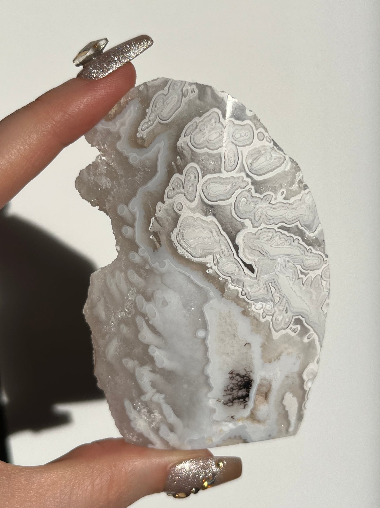 Druzy Orbicular Nebula Agate Freeform with Dendritic Inclusions (does not stand upright)