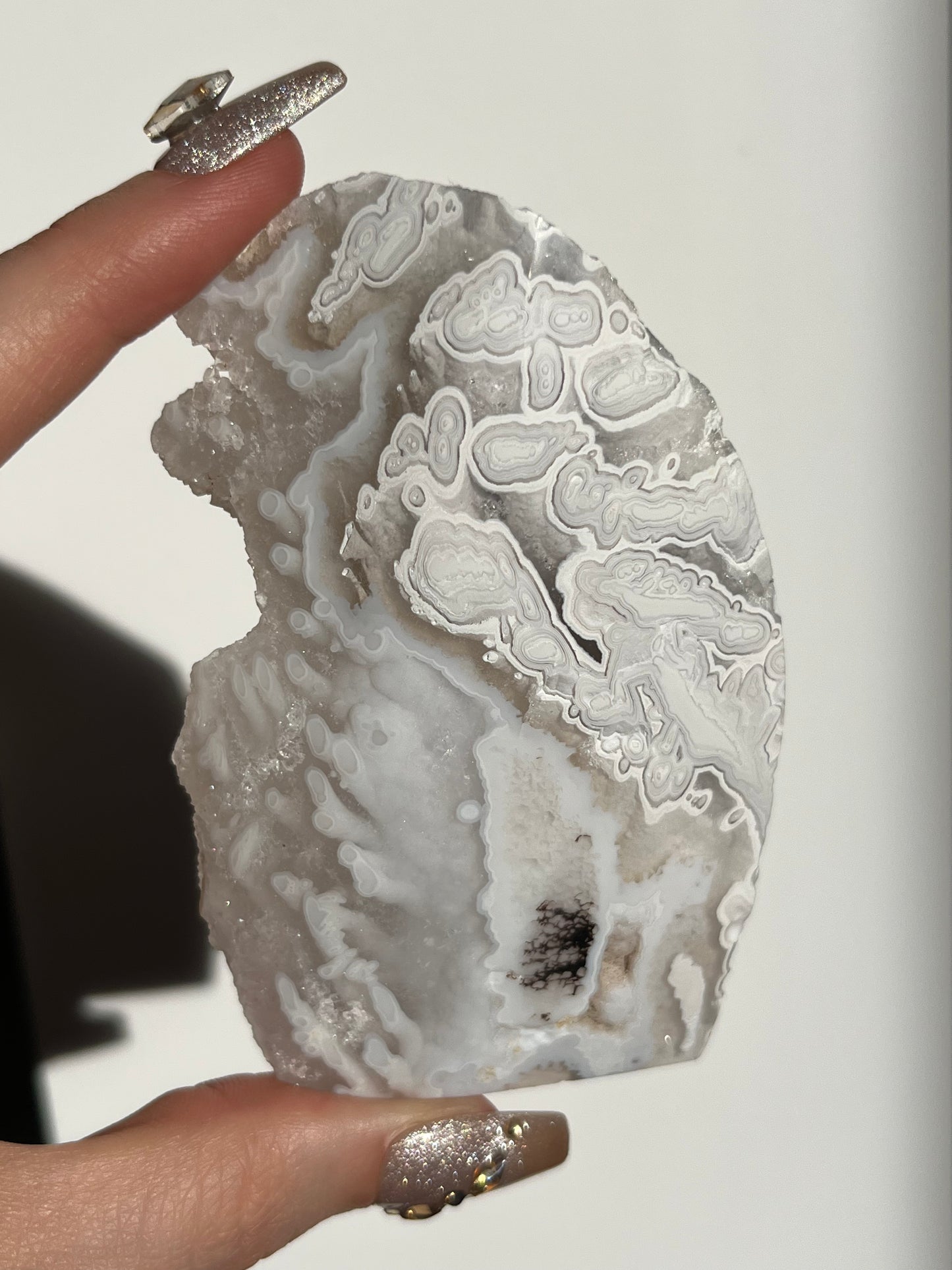 Druzy Orbicular Nebula Agate Freeform with Dendritic Inclusions (does not stand upright)