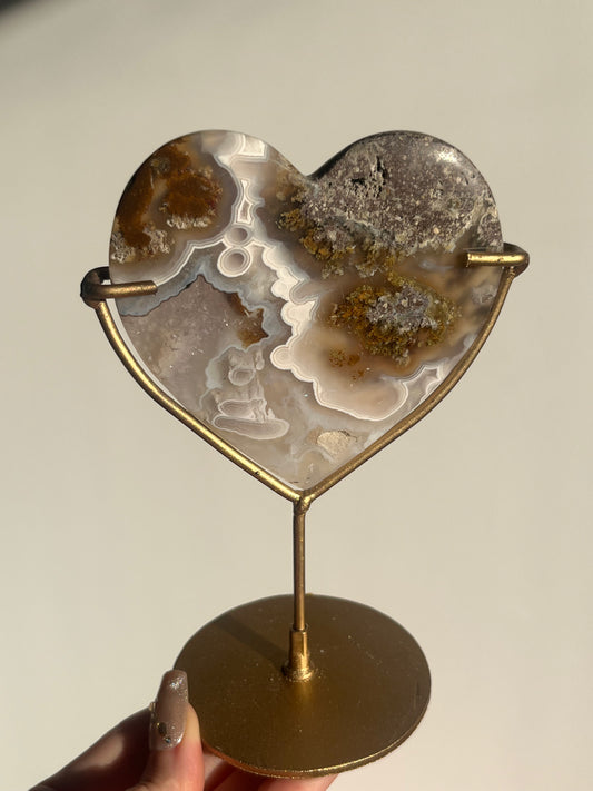Orbicular Nebula Agate and Scenic Moss Heart Carving on Stand with Dendritic Inclusions (Perfectly Imperfect)