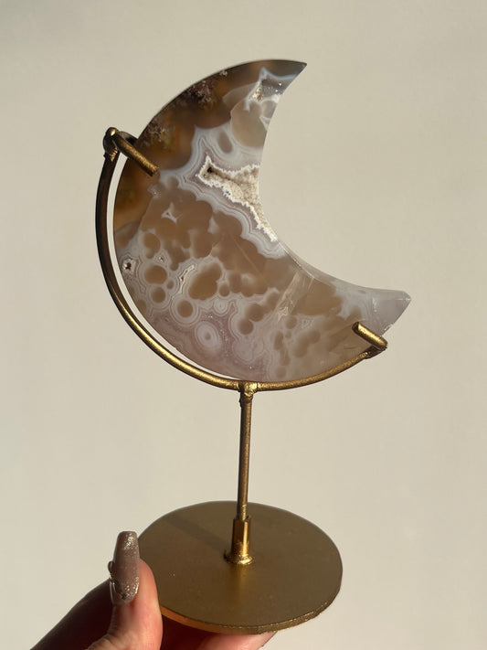 Jelly Orbicular Nebula Agate, Scenic Moss & Amethyst Moon Carving on Stand B