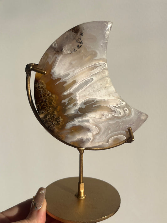 Orbicular Nebula Agate and Scenic Moss Moon Carving on Stand with Dendritic Inclusions (Perfectly Imperfect)