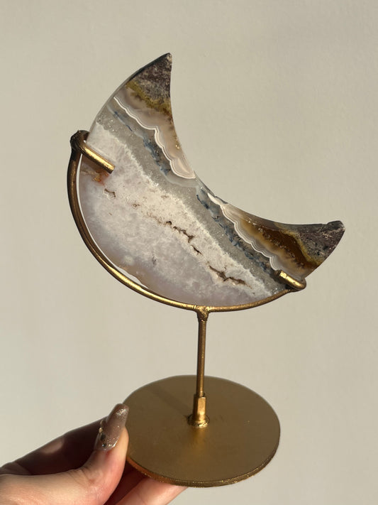 Nebula Agate and Scenic Moss Moon Carving on Stand (Perfectly Imperfect) B