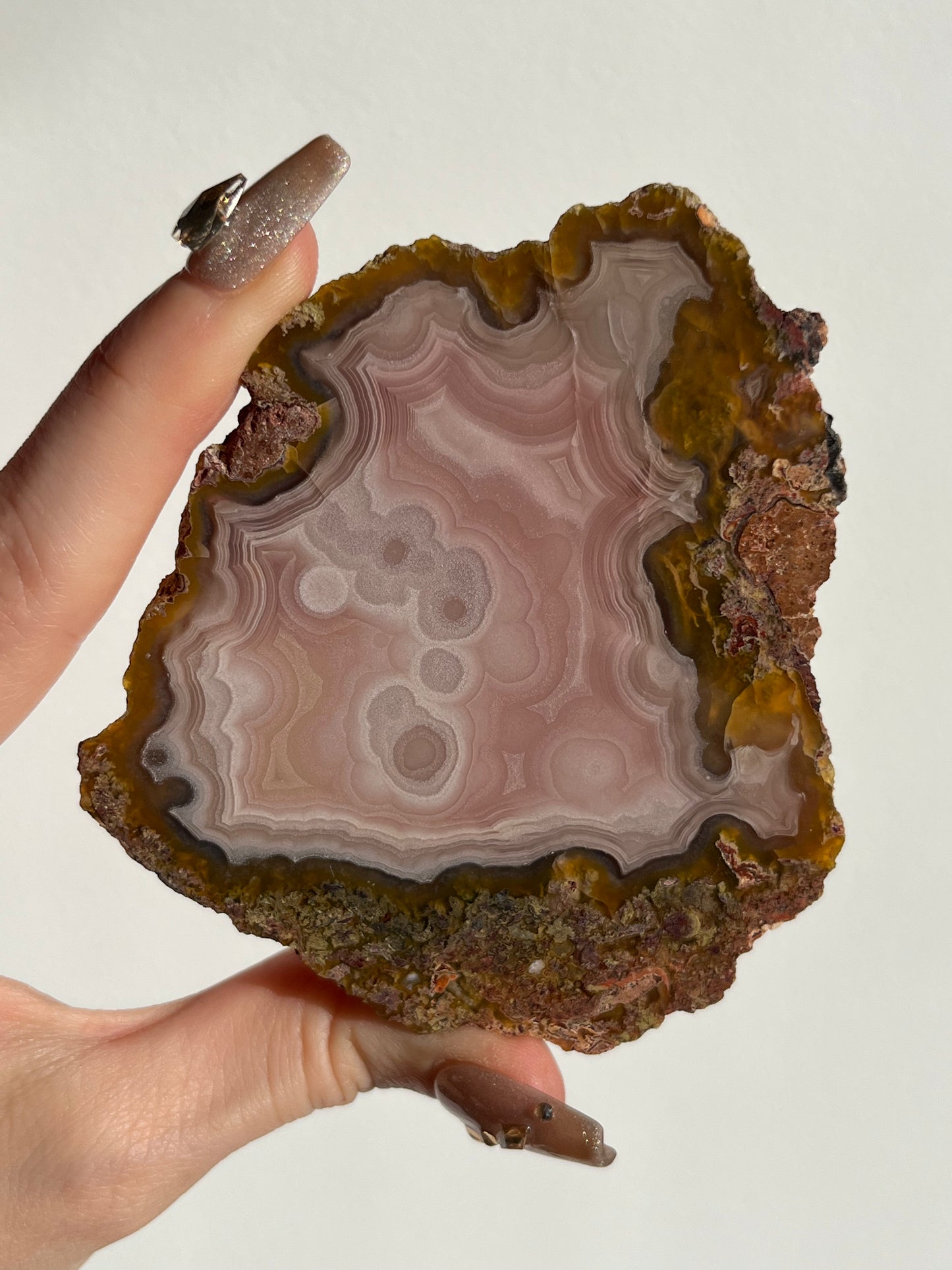 “Blush Stone” Pastel Pink Laguna Agate Specimen with Moss Inclusions and Parallax Effect
