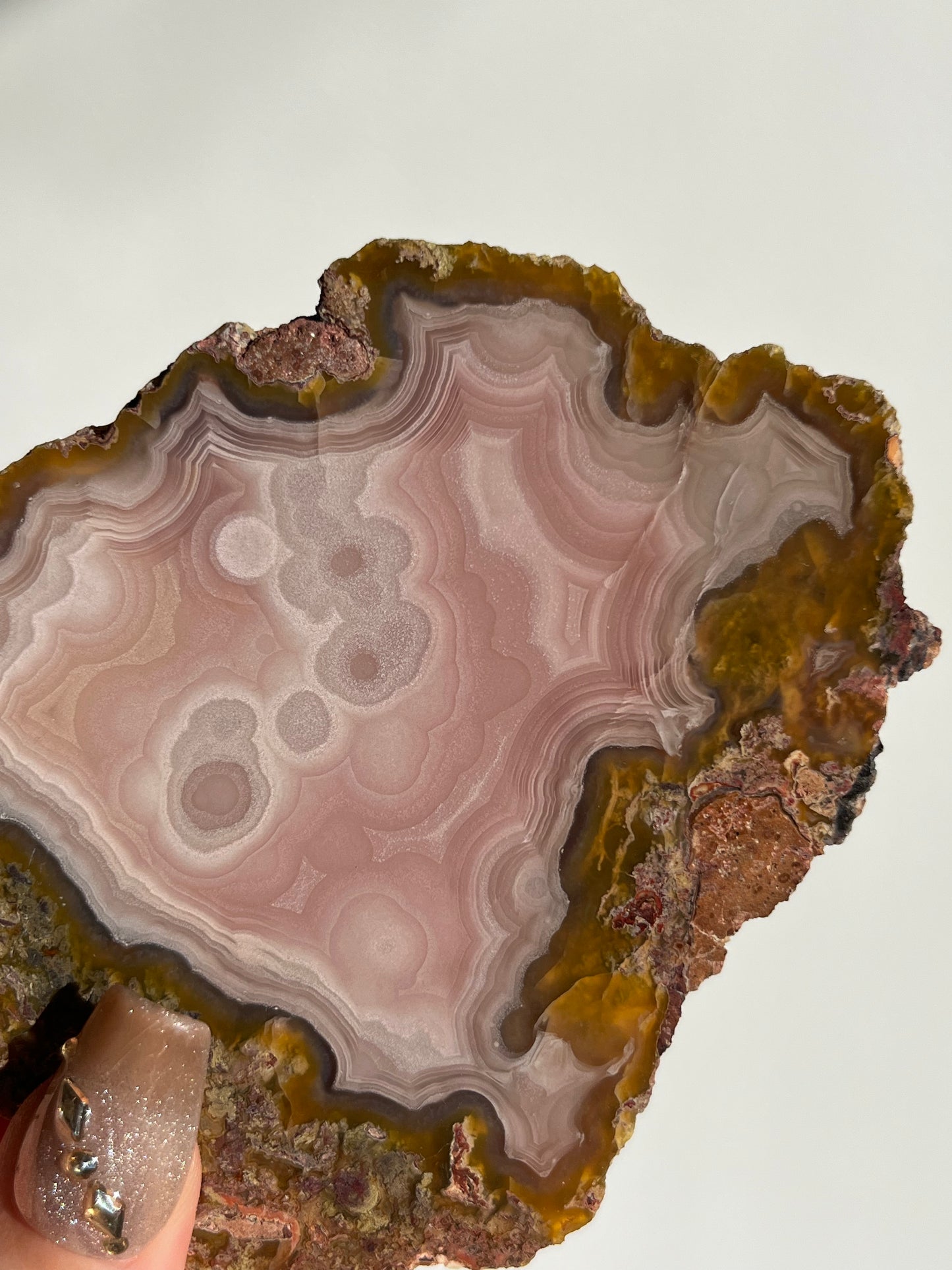 “Blush Stone” Pastel Pink Laguna Agate Specimen with Moss Inclusions and Parallax Effect