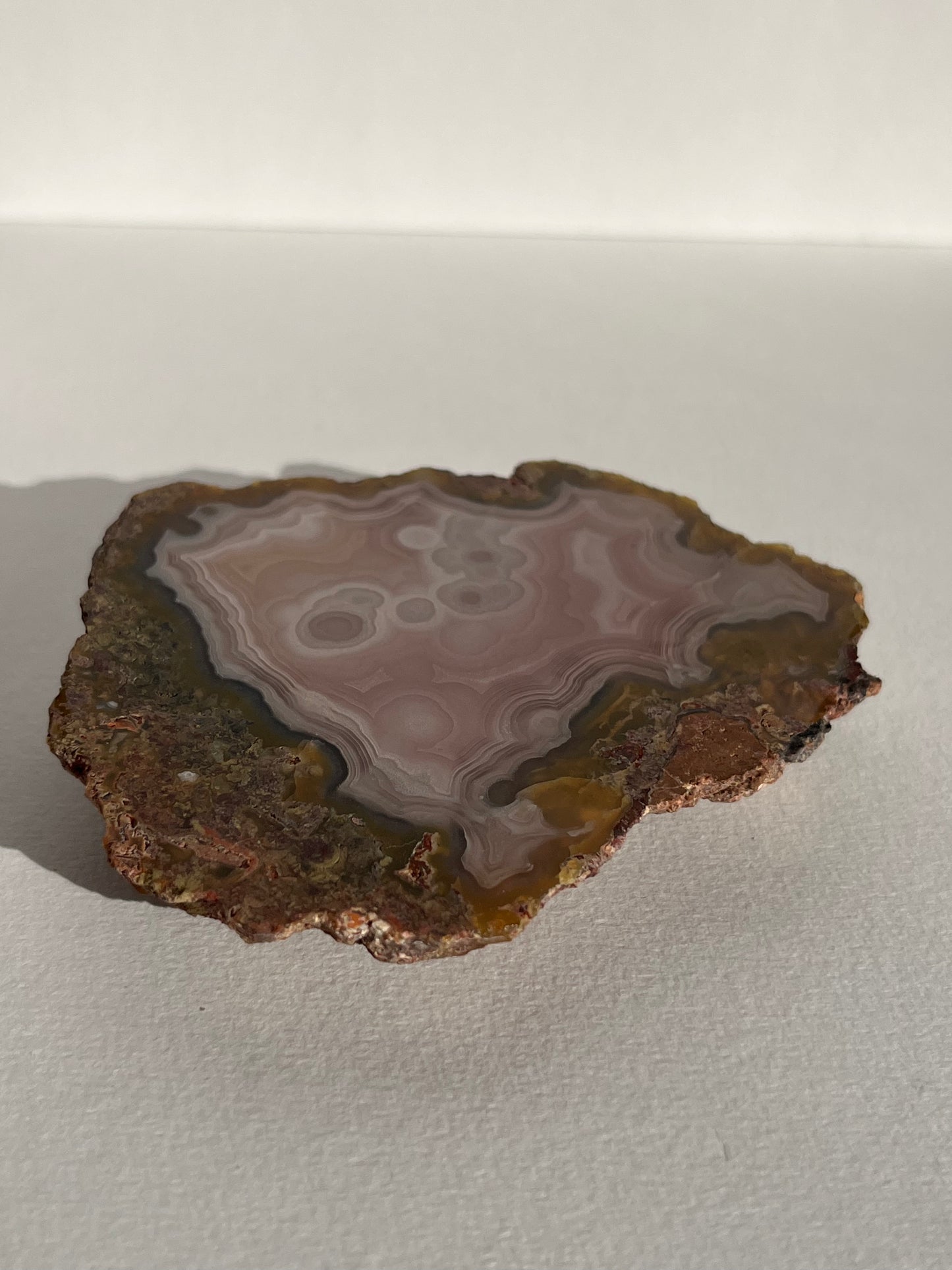 “Blush Stone” Pastel Pink Laguna Agate Specimen with Moss Inclusions and Parallax Effect