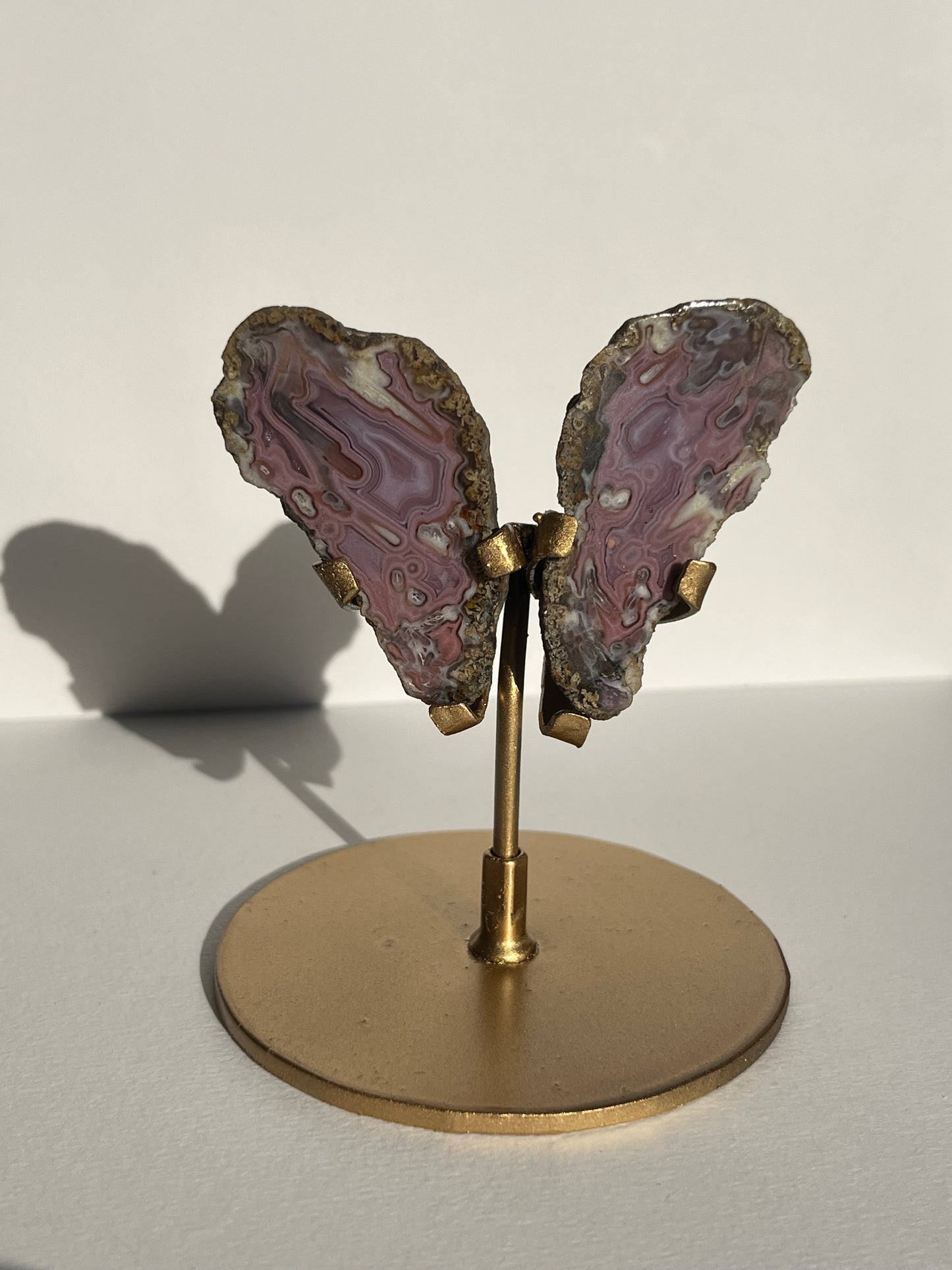 “Fuchsia Blooms” Pink-Purple Laguna Agate Butterfly Pair on Standf