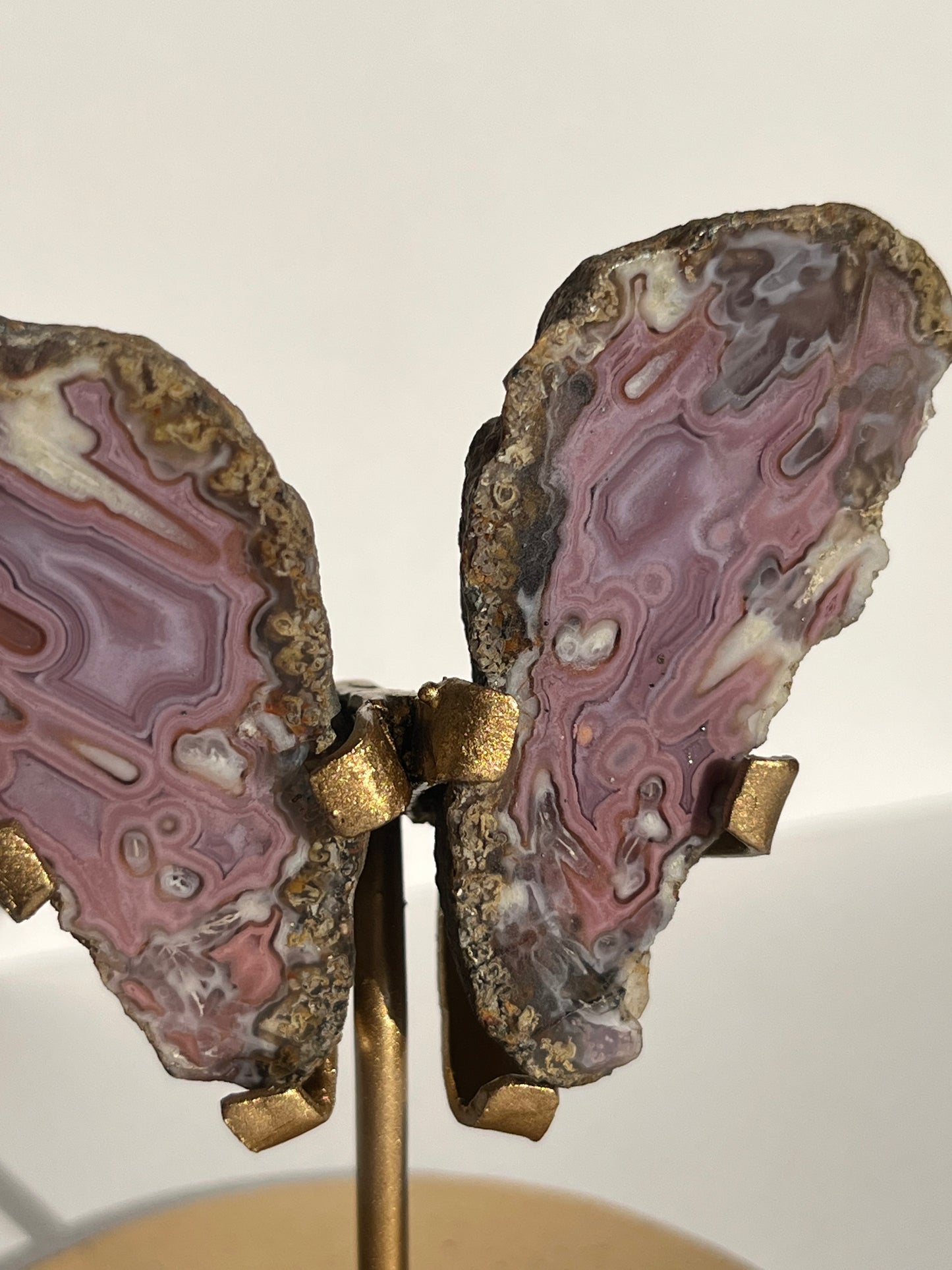 “Fuchsia Blooms” Pink-Purple Laguna Agate Butterfly Pair on Standf