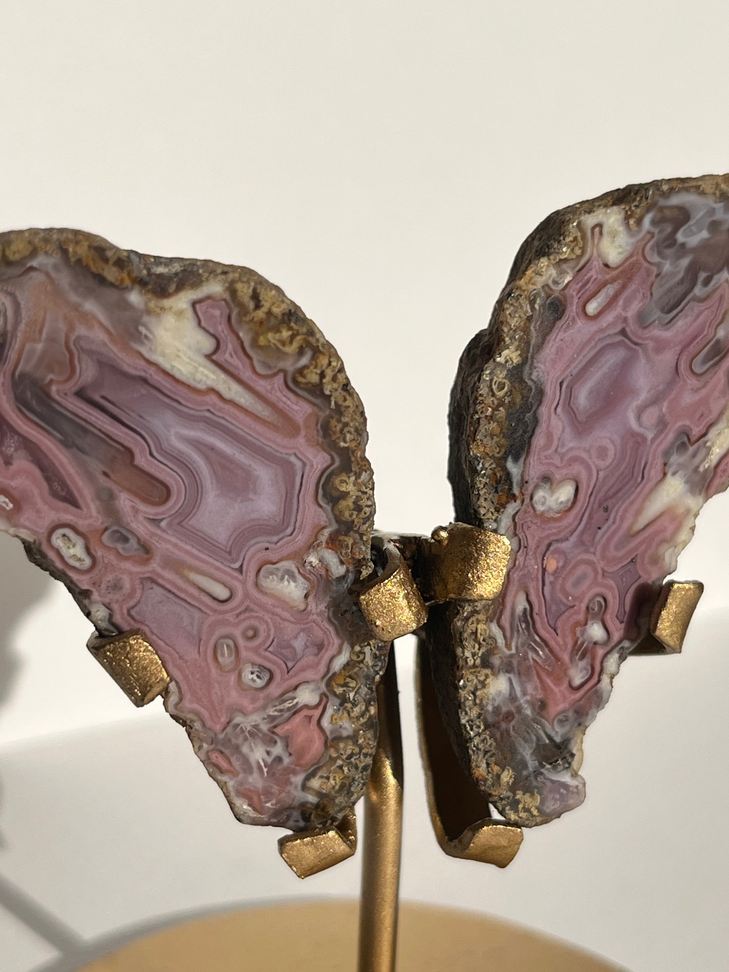 “Fuchsia Blooms” Pink-Purple Laguna Agate Butterfly Pair on Standf