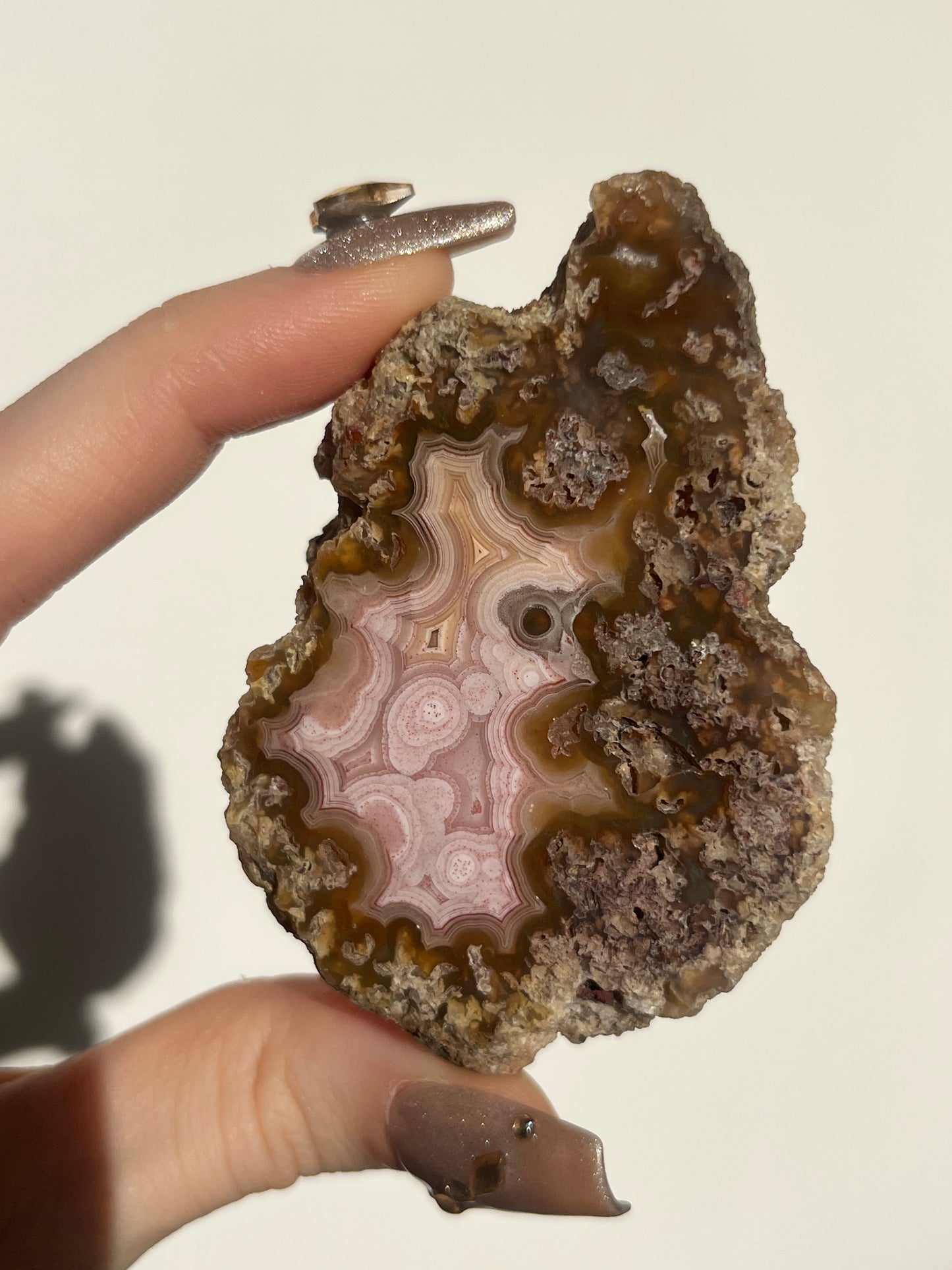 ‘Petal Blooms’ Baby Pink Agua Nueva Agate Geode with Moss Inclusions and Parallax Effect