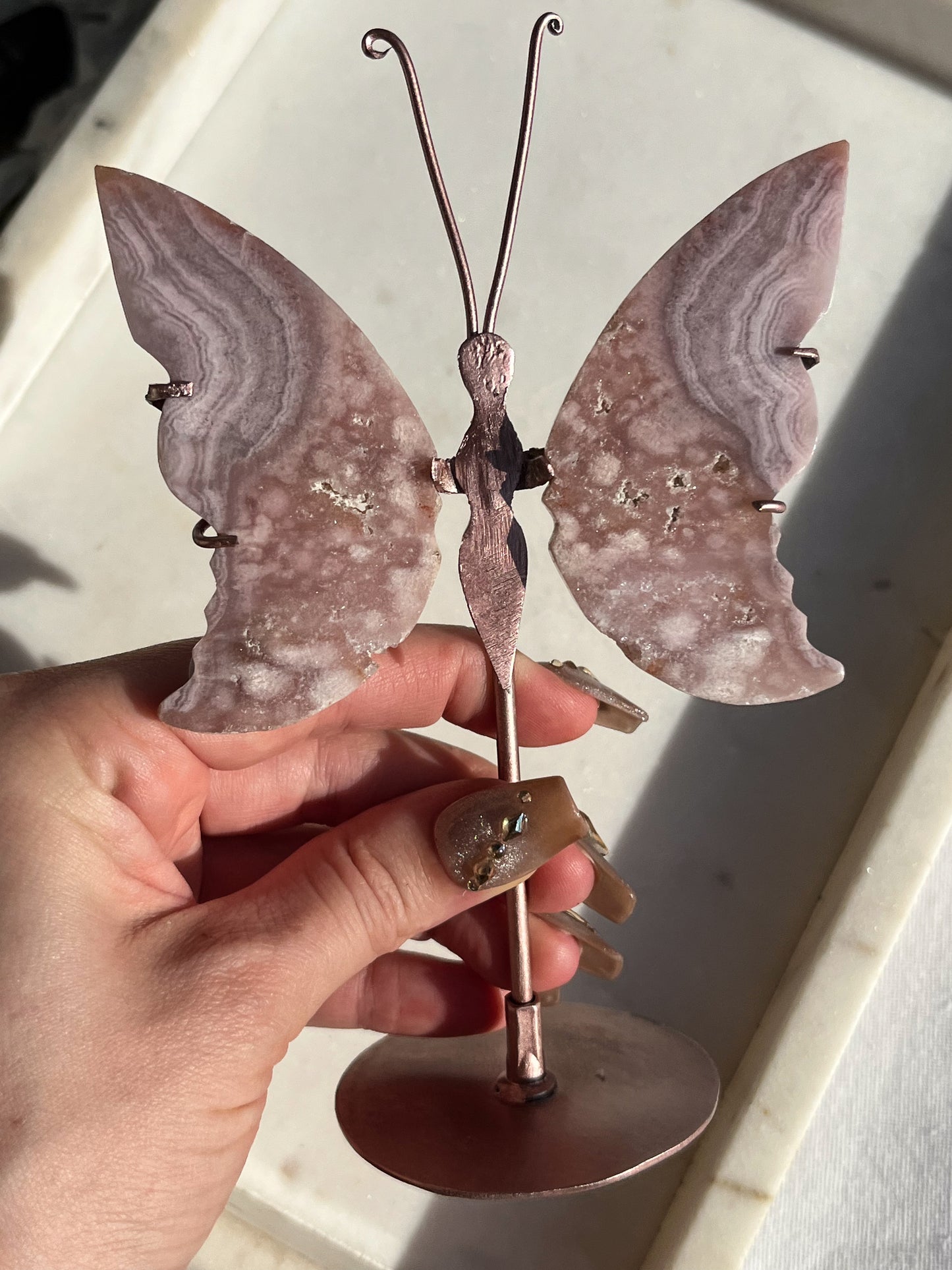 Pink Amethyst Butterfly Carving on Rose Gold Stand #1