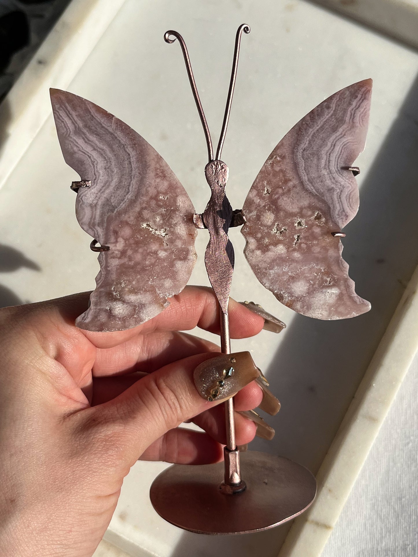 Pink Amethyst Butterfly Carving on Rose Gold Stand #1