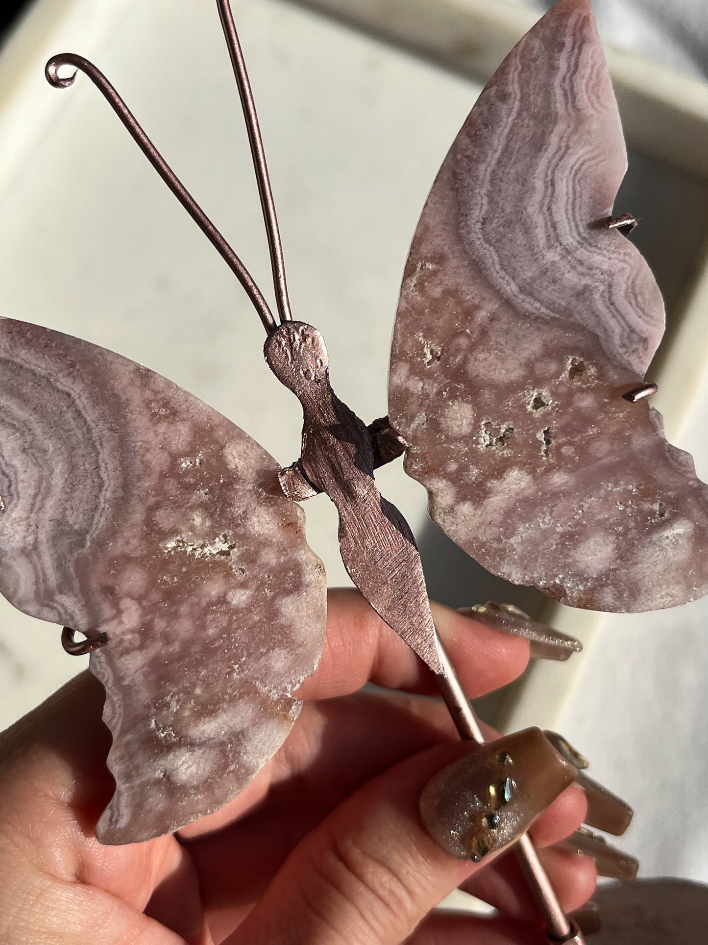 Pink Amethyst Butterfly Carving on Rose Gold Stand #1