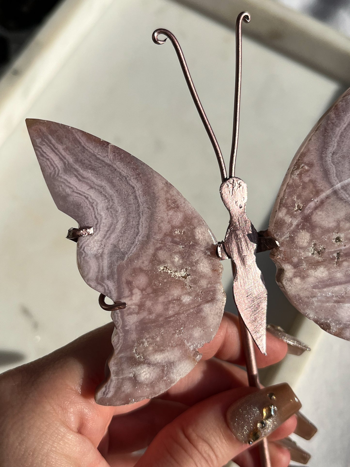 Pink Amethyst Butterfly Carving on Rose Gold Stand #1