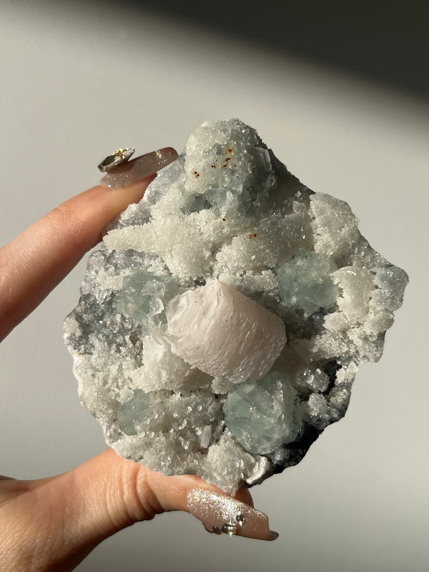 Druzy Pink Coin Calcite with Pastel Green Fluorite Specimen D