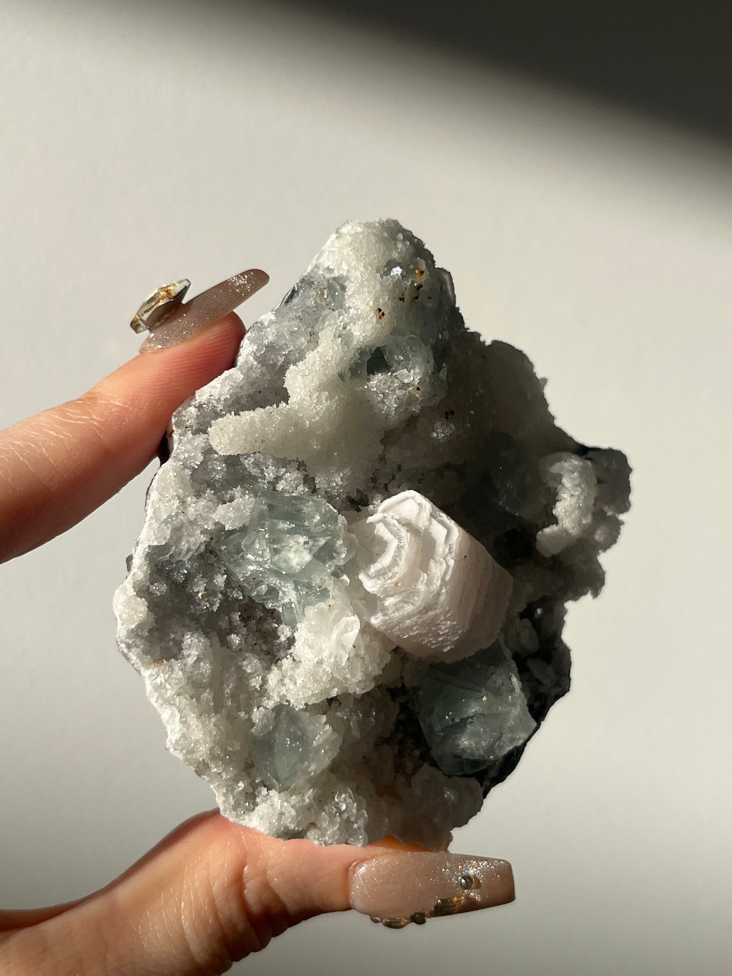 Druzy Pink Coin Calcite with Pastel Green Fluorite Specimen D