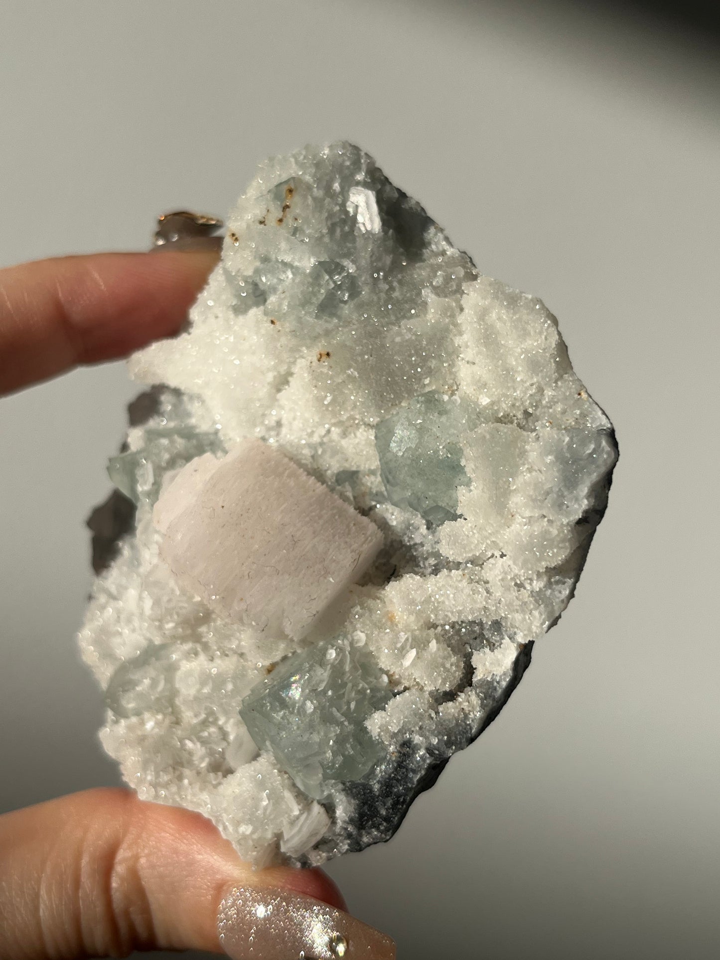 Druzy Pink Coin Calcite with Pastel Green Fluorite Specimen D
