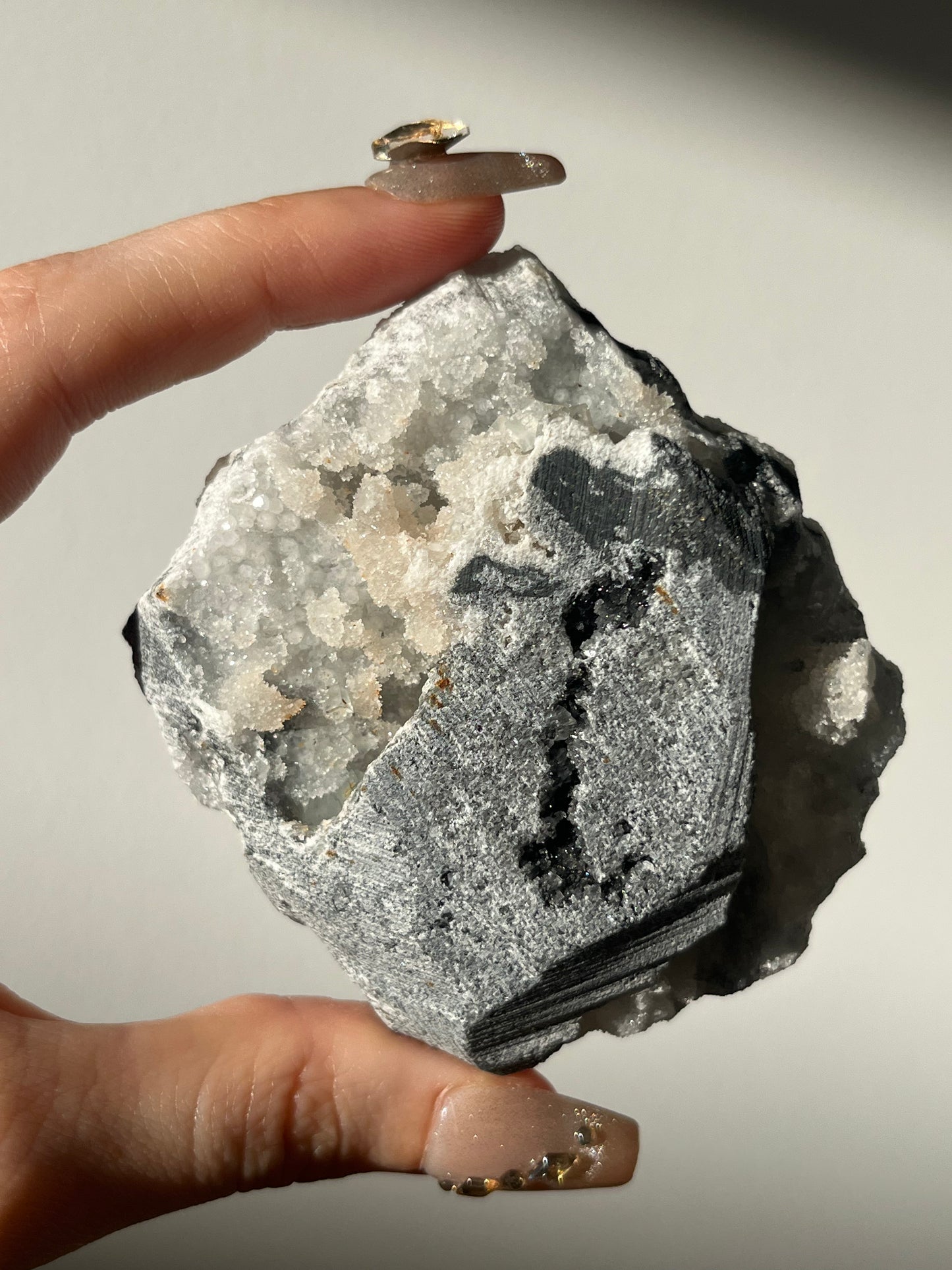 Druzy Pink Coin Calcite with Pastel Green Fluorite Specimen D