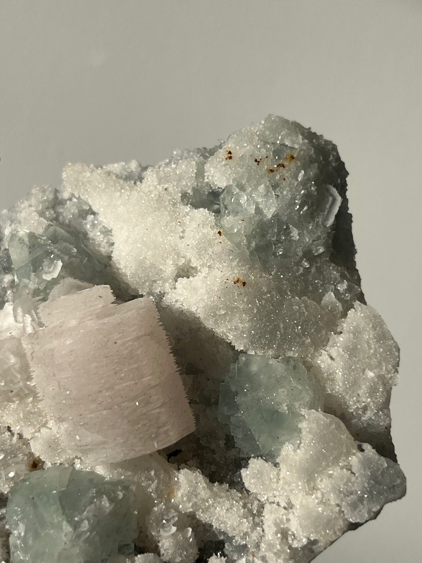 Druzy Pink Coin Calcite with Pastel Green Fluorite Specimen D