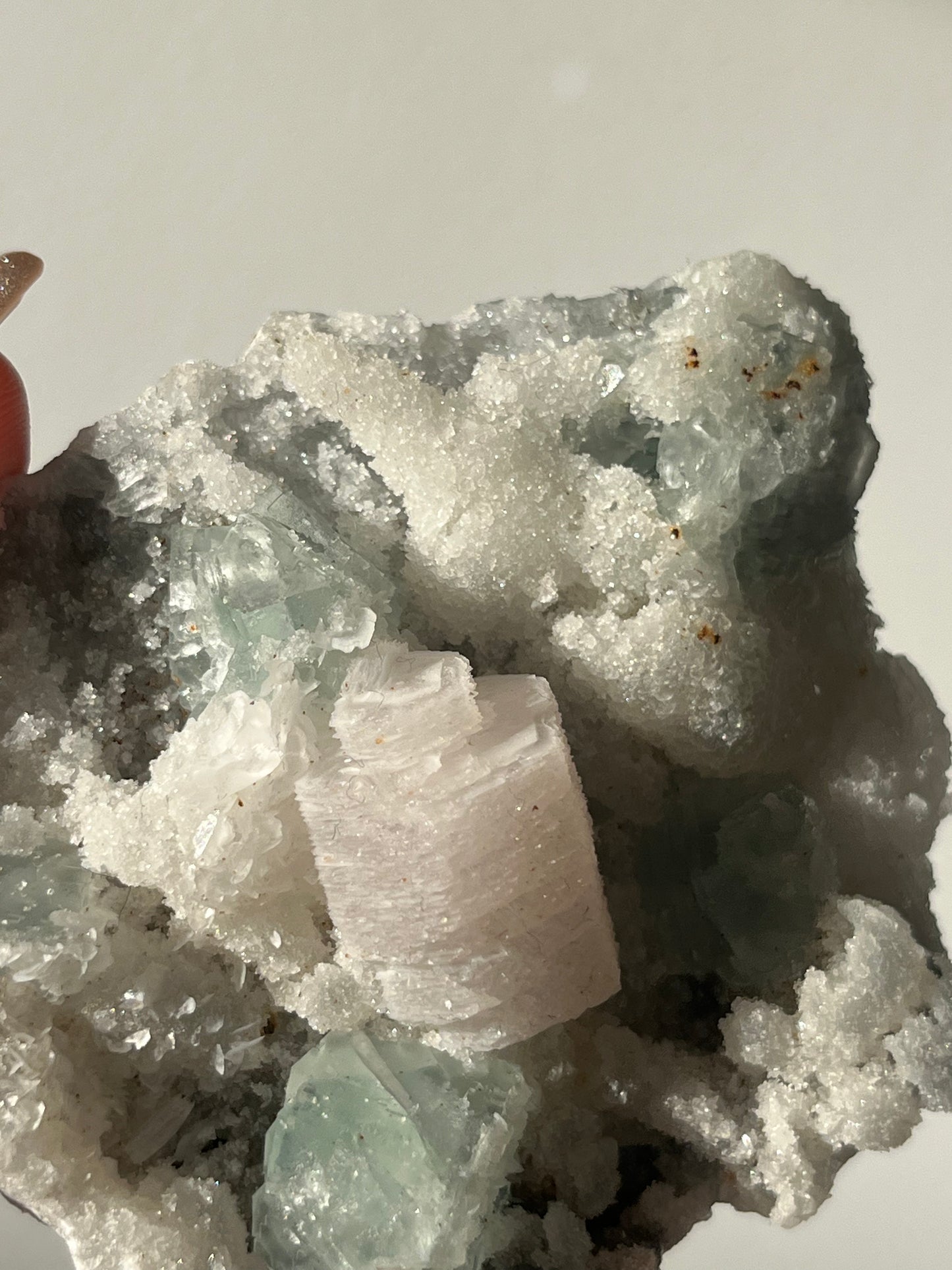 Druzy Pink Coin Calcite with Pastel Green Fluorite Specimen D