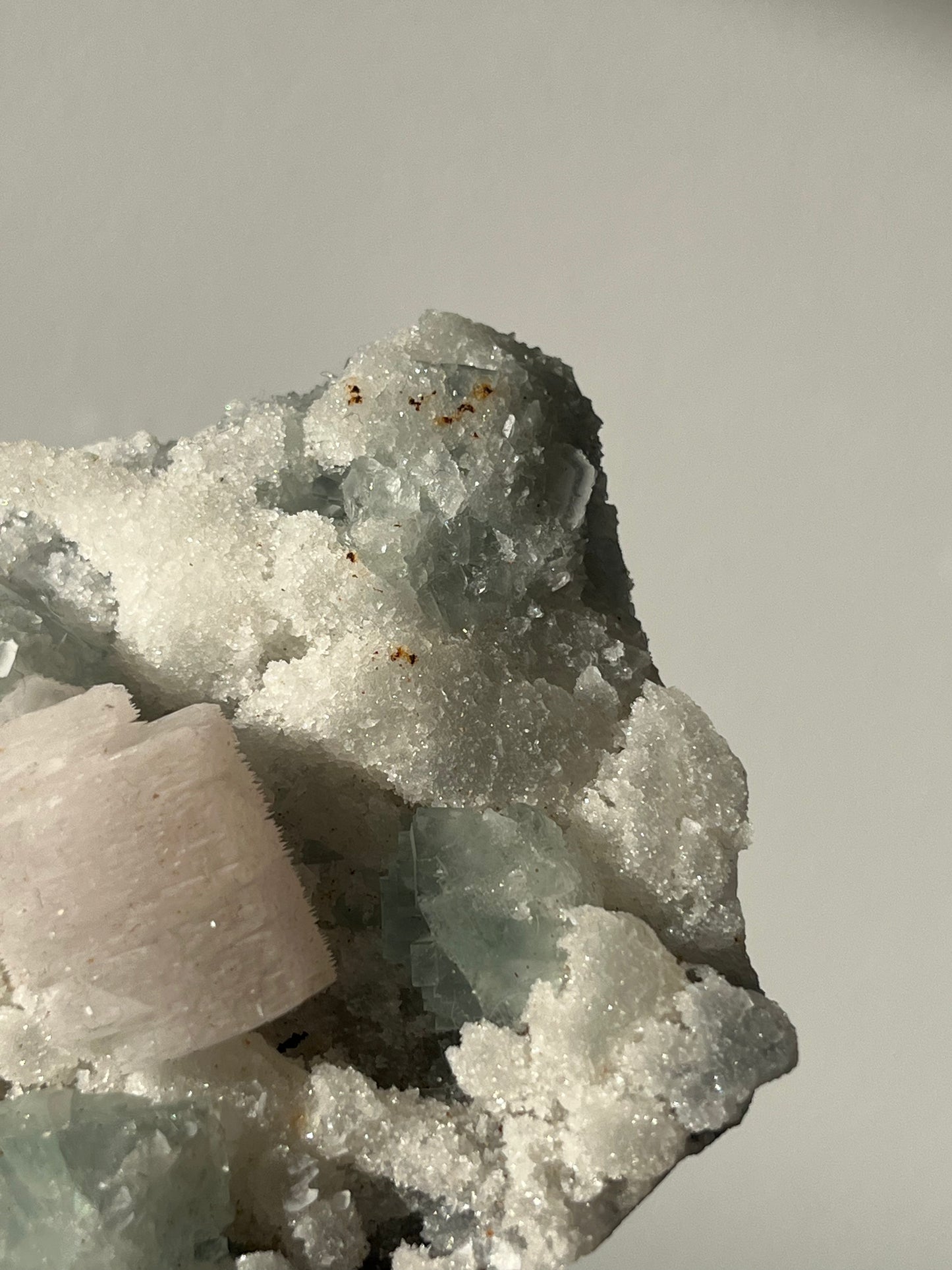 Druzy Pink Coin Calcite with Pastel Green Fluorite Specimen D