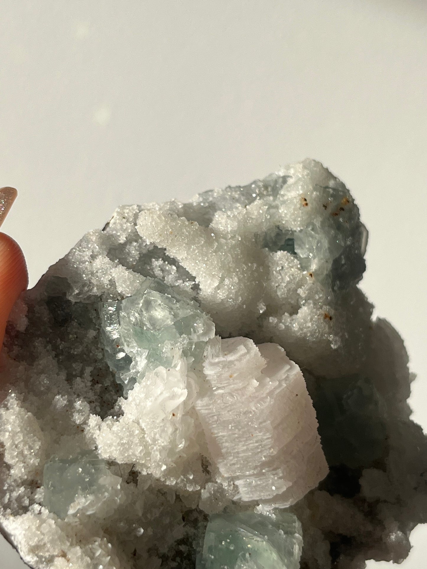 Druzy Pink Coin Calcite with Pastel Green Fluorite Specimen D