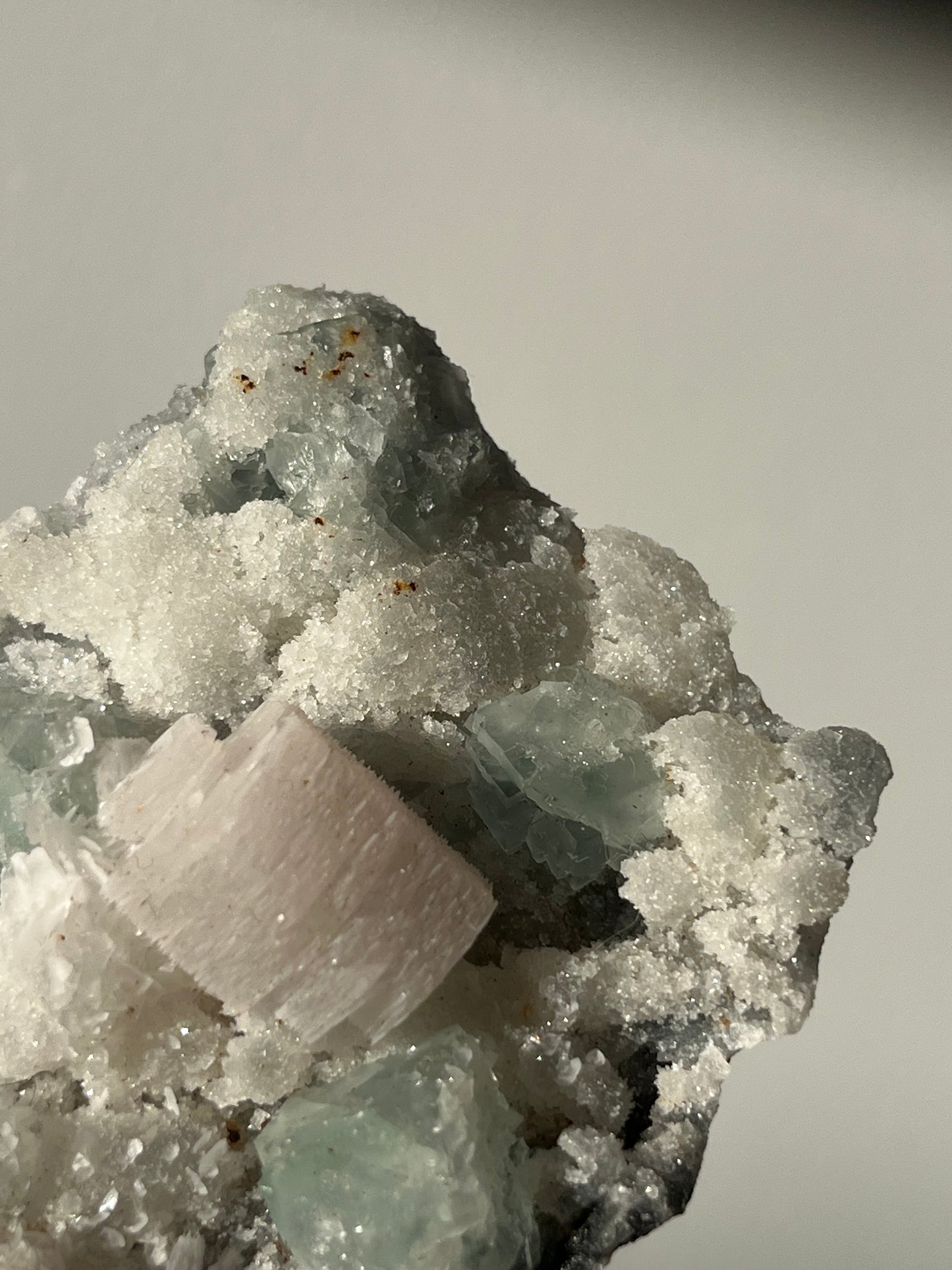 Druzy Pink Coin Calcite with Pastel Green Fluorite Specimen D