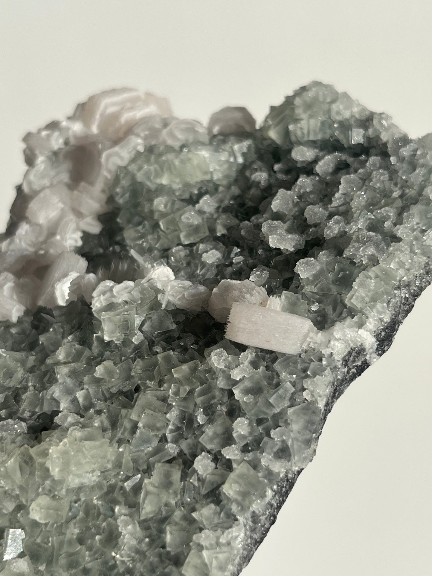 Pink Coin Calcite, Green Fluorite and Quartz Specimen I